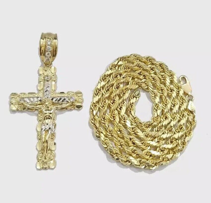 10k Gold Rope Necklace Jesus Cross Charm pendant SET 4mm chain 18"-28" REAL 10KT - Image 10