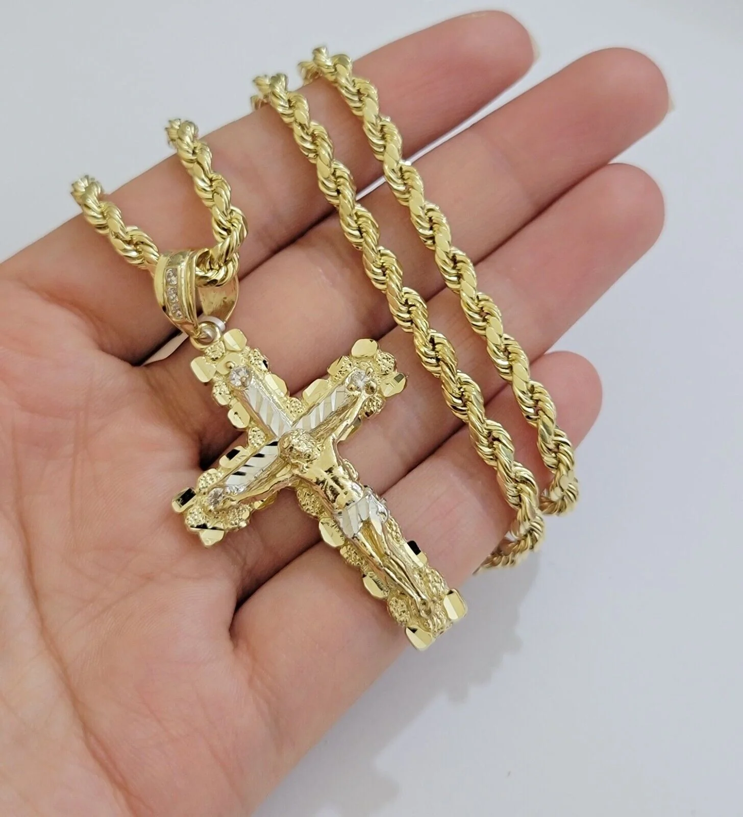 10k Gold Rope Necklace Jesus Cross Charm pendant SET 4mm chain 18"-28" REAL 10KT - Image 9