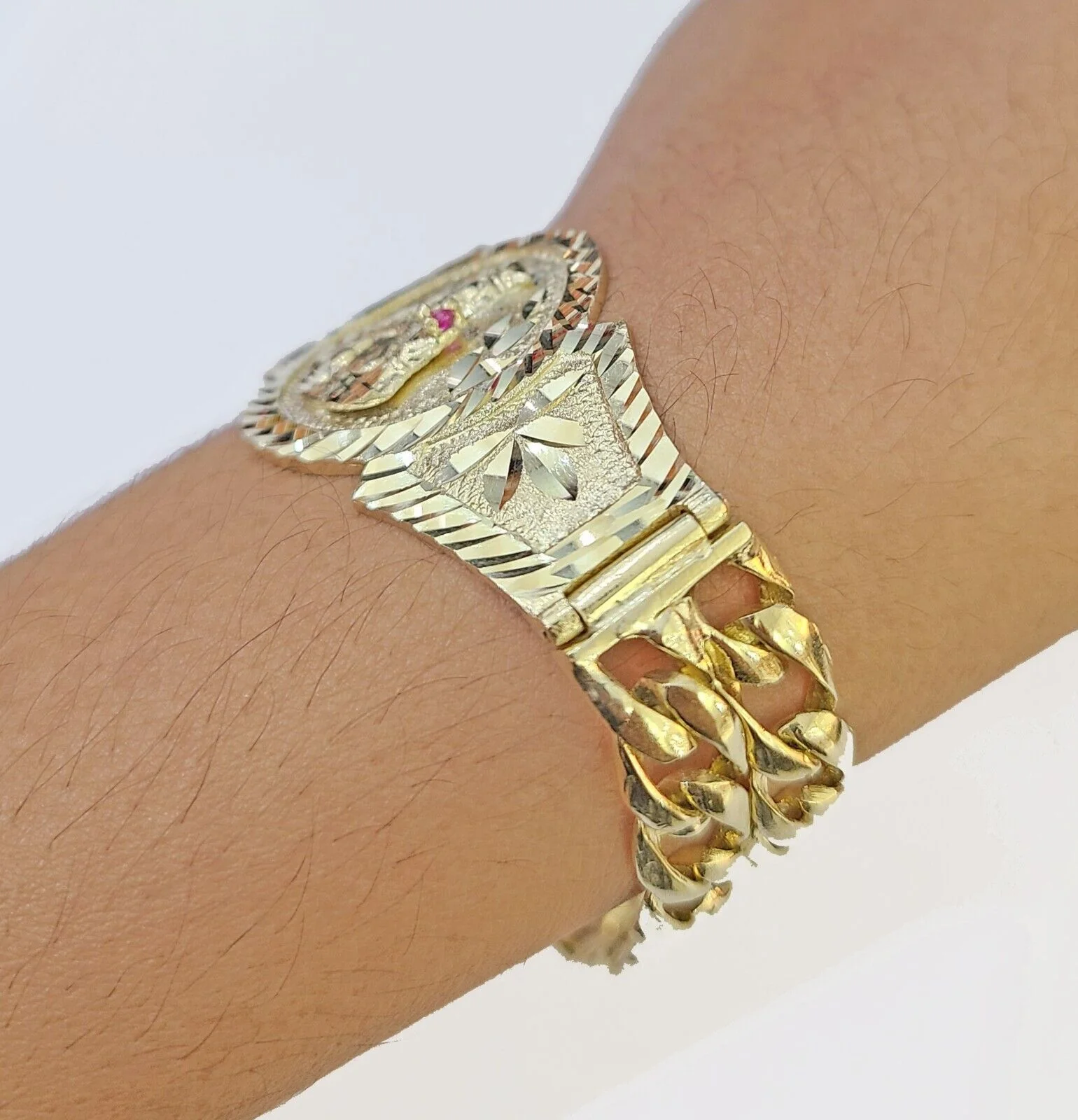 10k Gold Saint Barbara Miami Cuban Bracelet Size 8.25" Inches 15mm 10kt Mens - Image 3