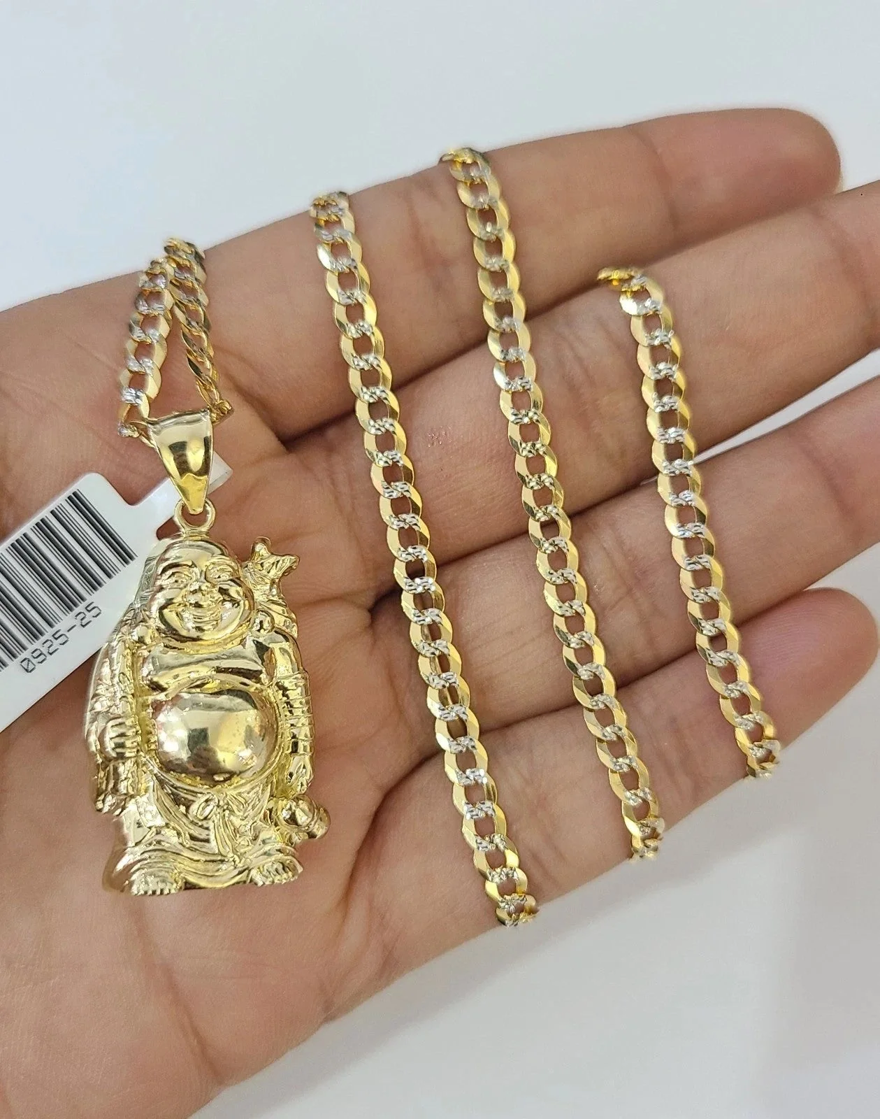 10k Gold Solid Cuban Curb Chain Laughing Buddha Pendant Charm 3mm Necklace - Image 2