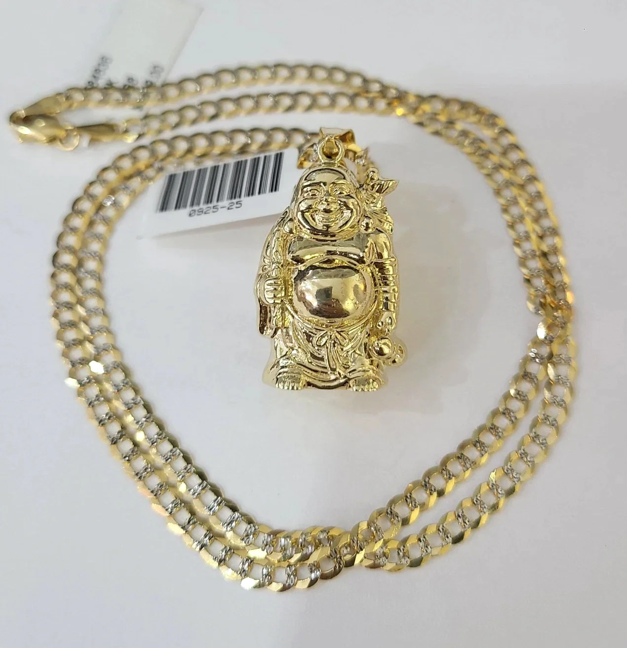 10k Gold Solid Cuban Curb Chain Laughing Buddha Pendant Charm 3mm Necklace - Image 4