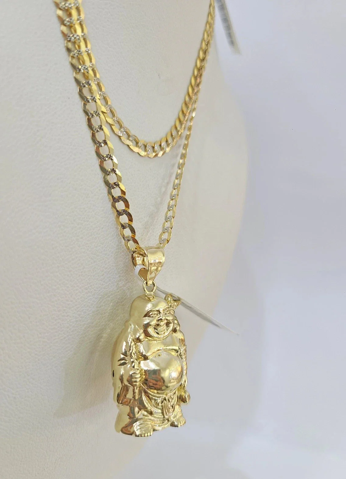 10k Gold Solid Cuban Curb Chain Laughing Buddha Pendant Charm 3mm Necklace - Image 5