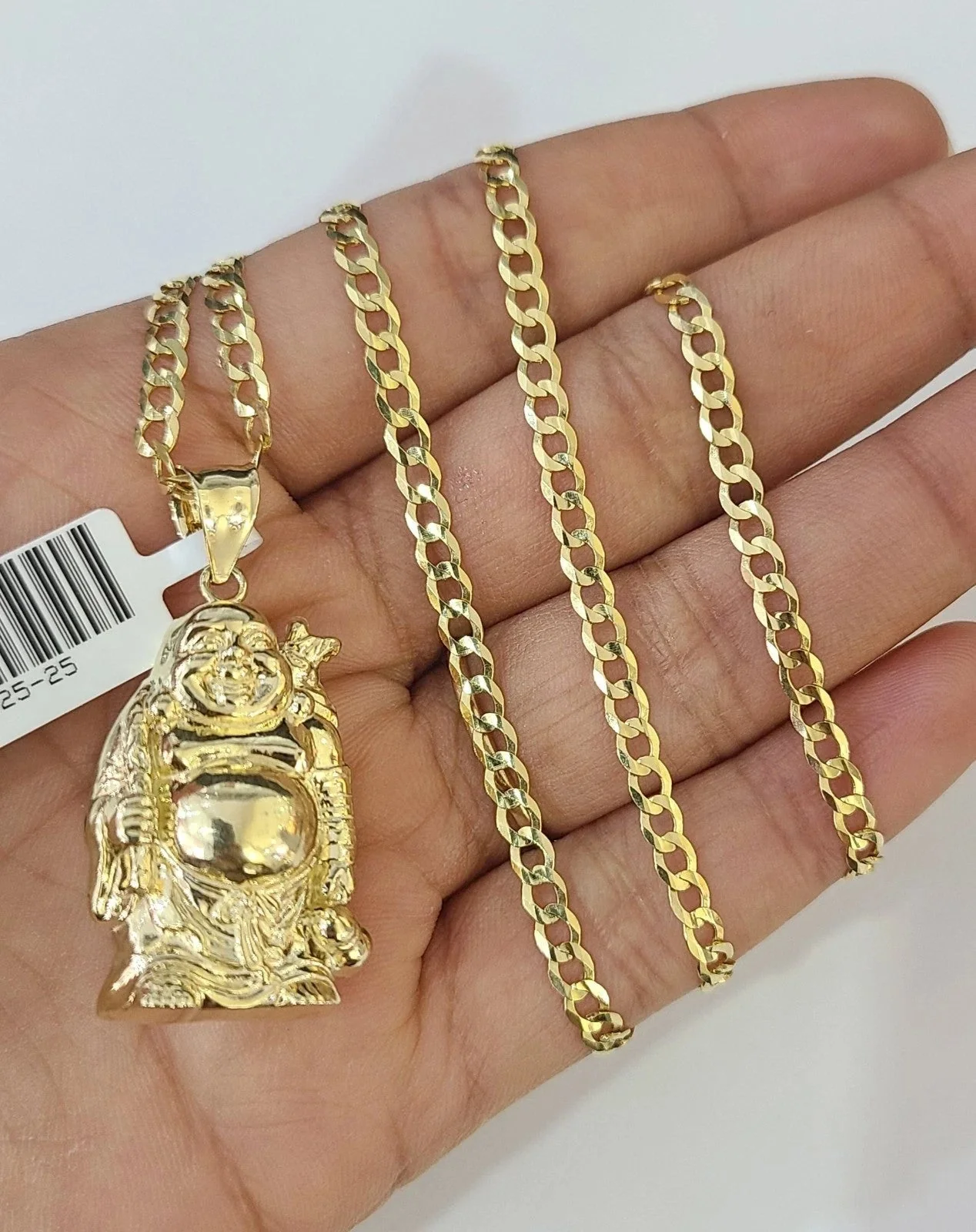 10k Gold Solid Cuban Curb Chain Laughing Buddha Pendant Charm 3mm Necklace - Image 3