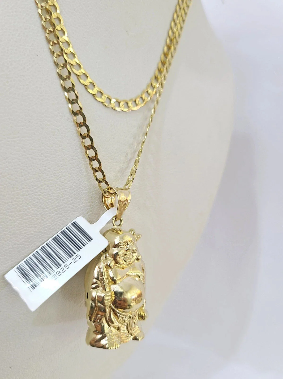 10k Gold Solid Cuban Curb Chain Laughing Buddha Pendant Charm 3mm Necklace - Image 5