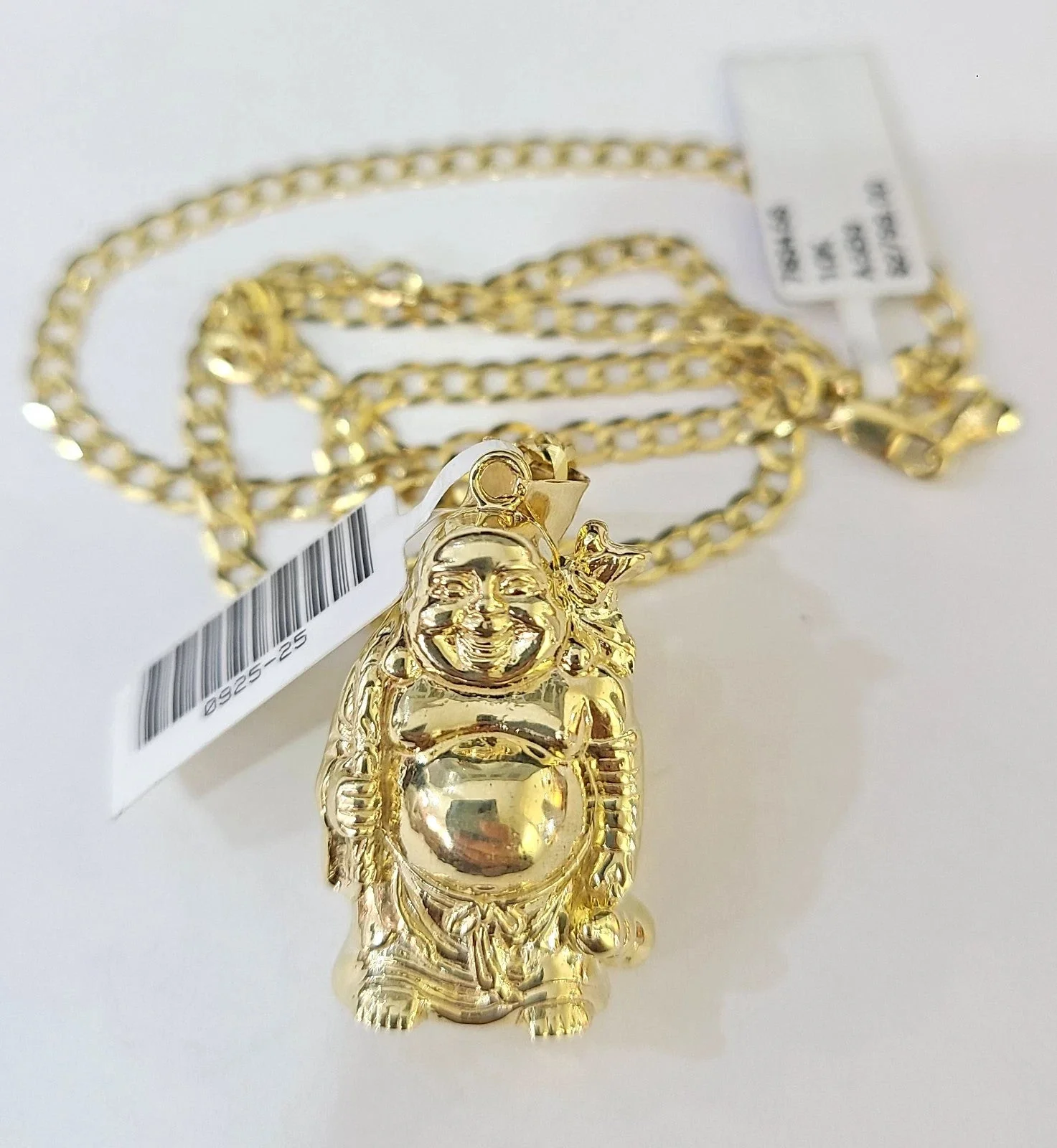 10k Gold Solid Cuban Curb Chain Laughing Buddha Pendant Charm 3mm Necklace - Image 6