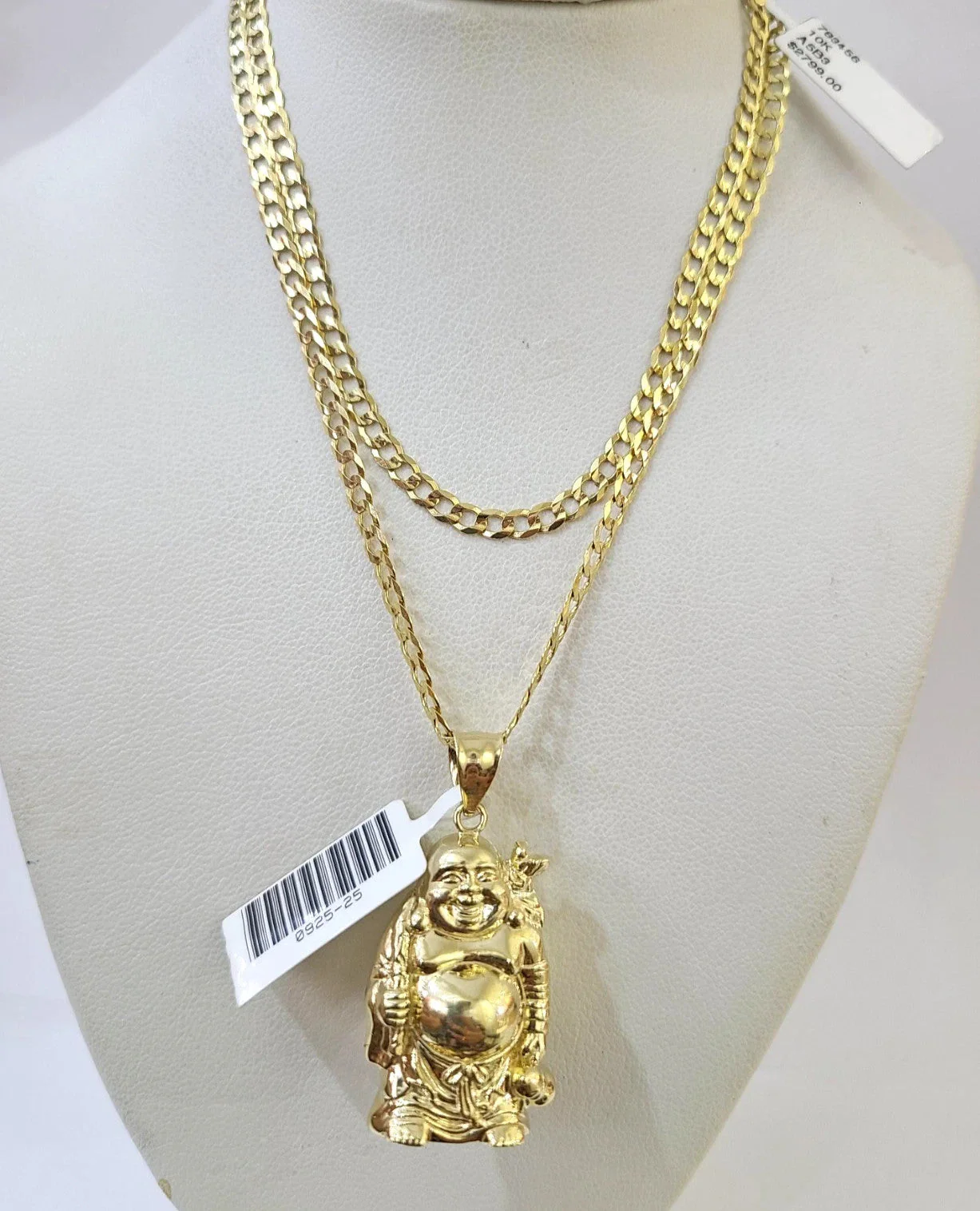 10k Gold Solid Cuban Curb Chain Laughing Buddha Pendant Charm 3mm Necklace - Image 7