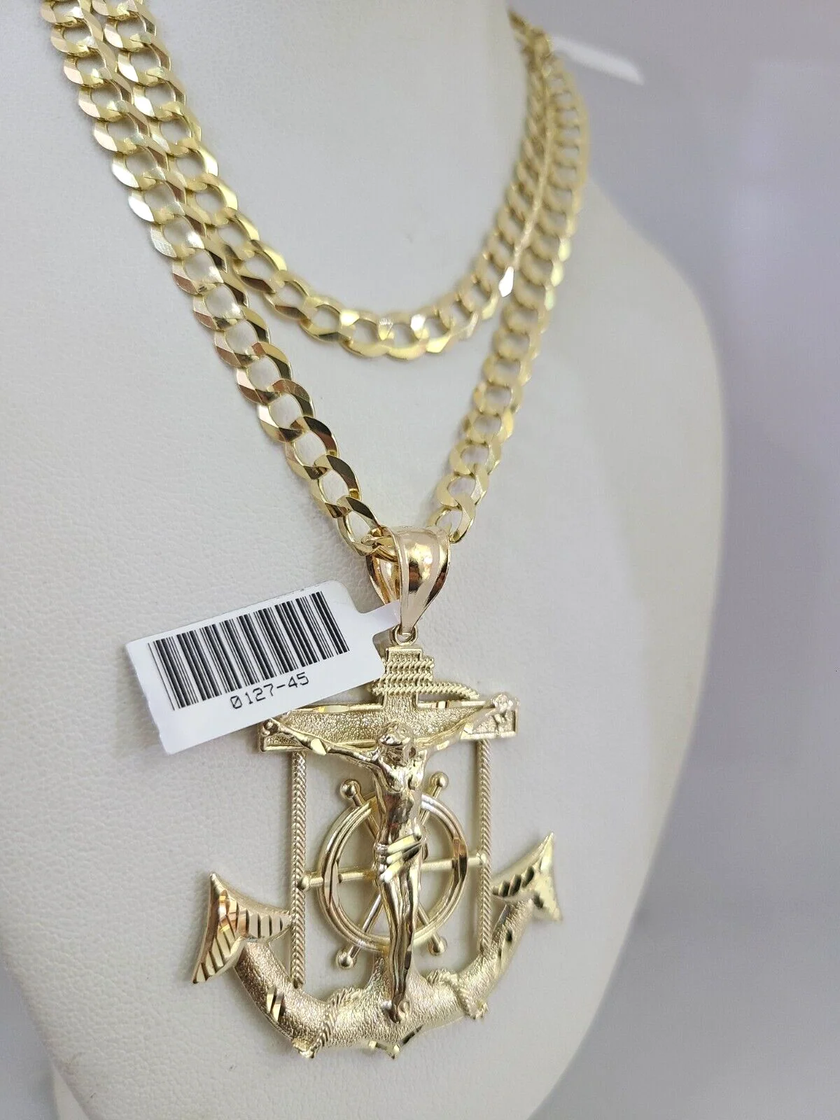 10k Gold Solid Cuban Curb Chain Necklace Jesus Anchor Pendant Set 6mm 20"-30" - Image 5