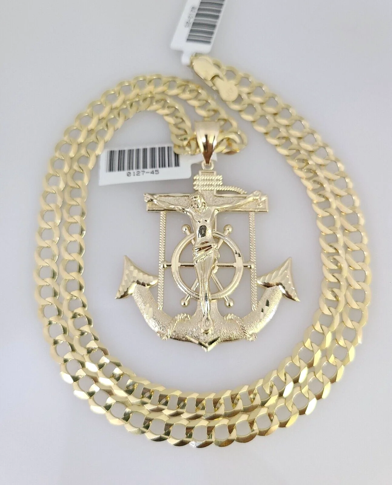 10k Gold Solid Cuban Curb Chain Necklace Jesus Anchor Pendant Set 6mm 20"-30" - Image 6