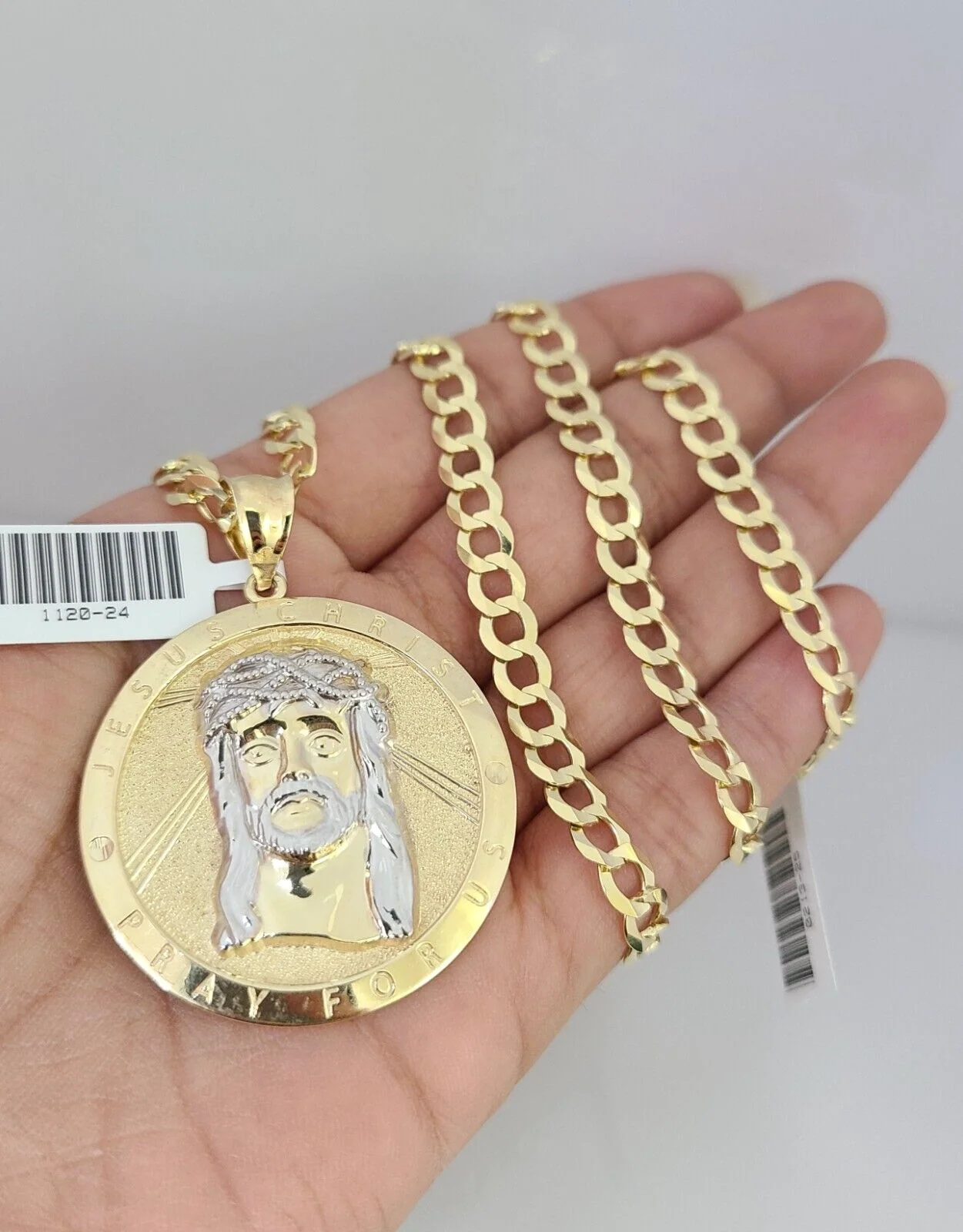 10k Gold Solid Cuban Curb Chain Necklace Jesus Christ Pendant Set 6mm 20"-30" - Image 2