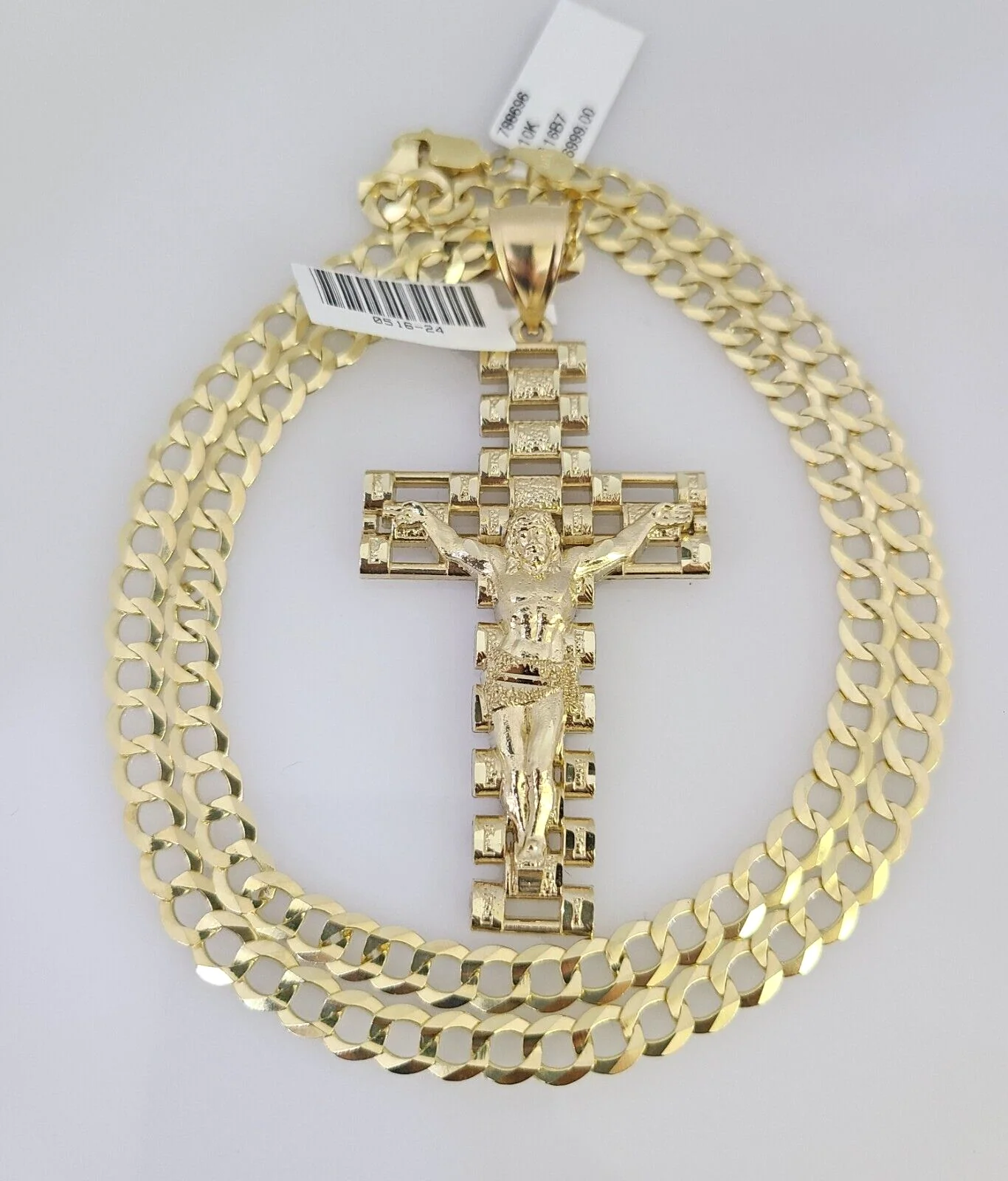 10k Gold Solid Cuban Curb Chain Necklace Jesus Cross Pendant Set 6mm 20"-30" - Image 2