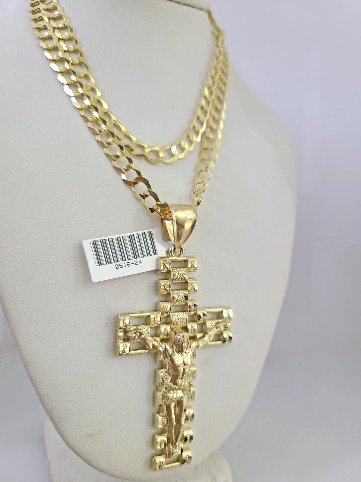 10k Gold Solid Cuban Curb Chain Necklace Jesus Cross Pendant Set 6mm 20"-30" - Image 3
