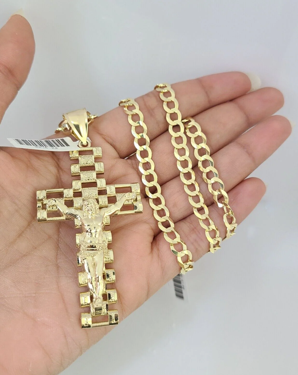 10k Gold Solid Cuban Curb Chain Necklace Jesus Cross Pendant Set 6mm 20"-30" - Image 4