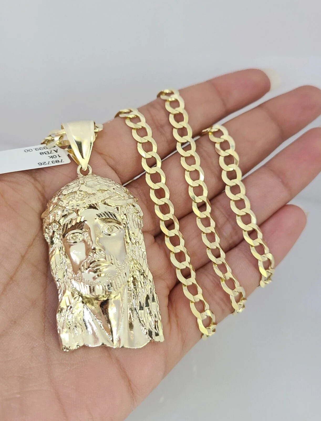 10k Gold Solid Cuban Curb Chain Necklace Jesus Head Pendant Set 6mm 20"-30" - Image 2