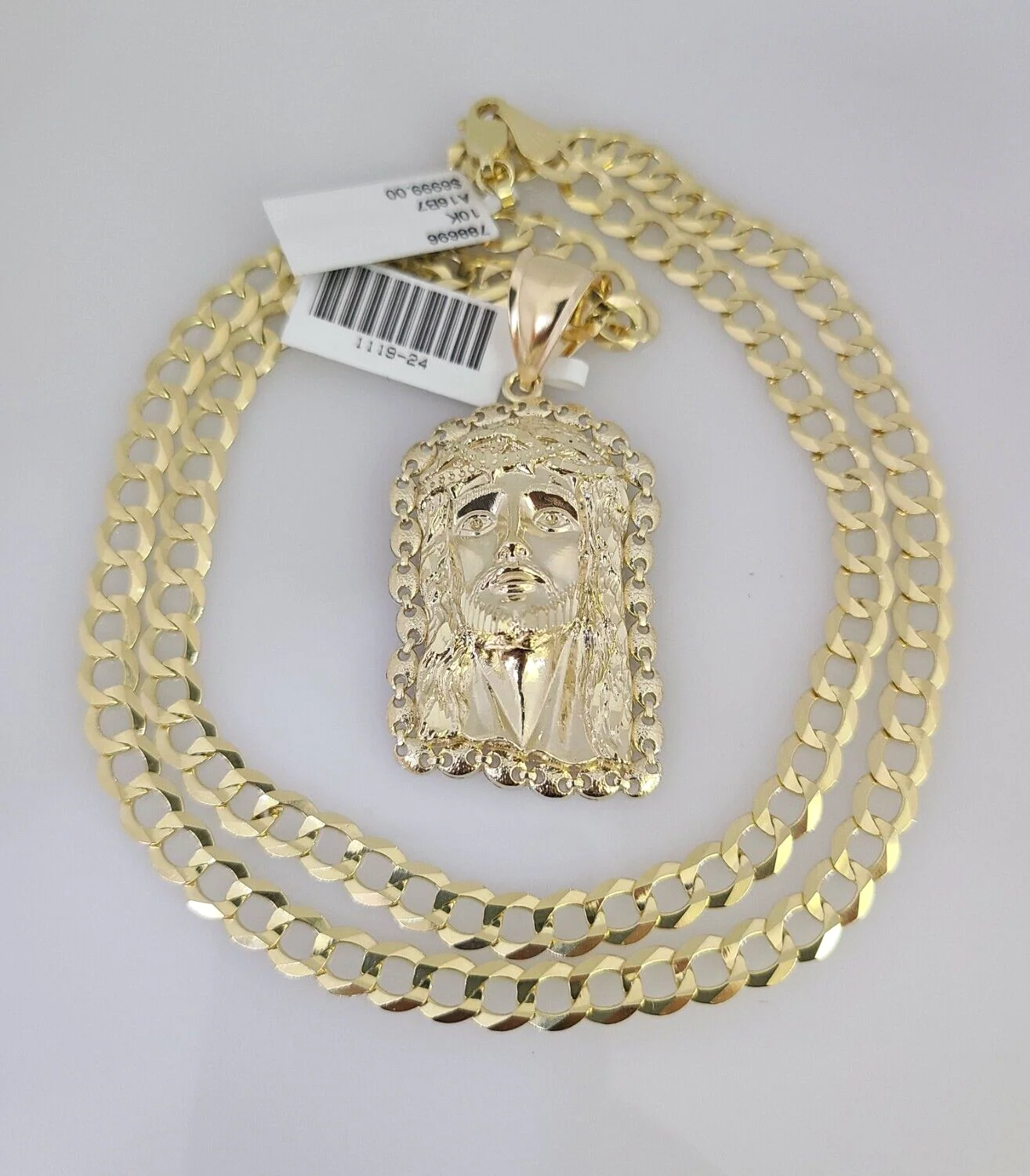10k Gold Solid Cuban Curb Chain Necklace Jesus Head Pendant Set 6mm 20"-30" - Image 2