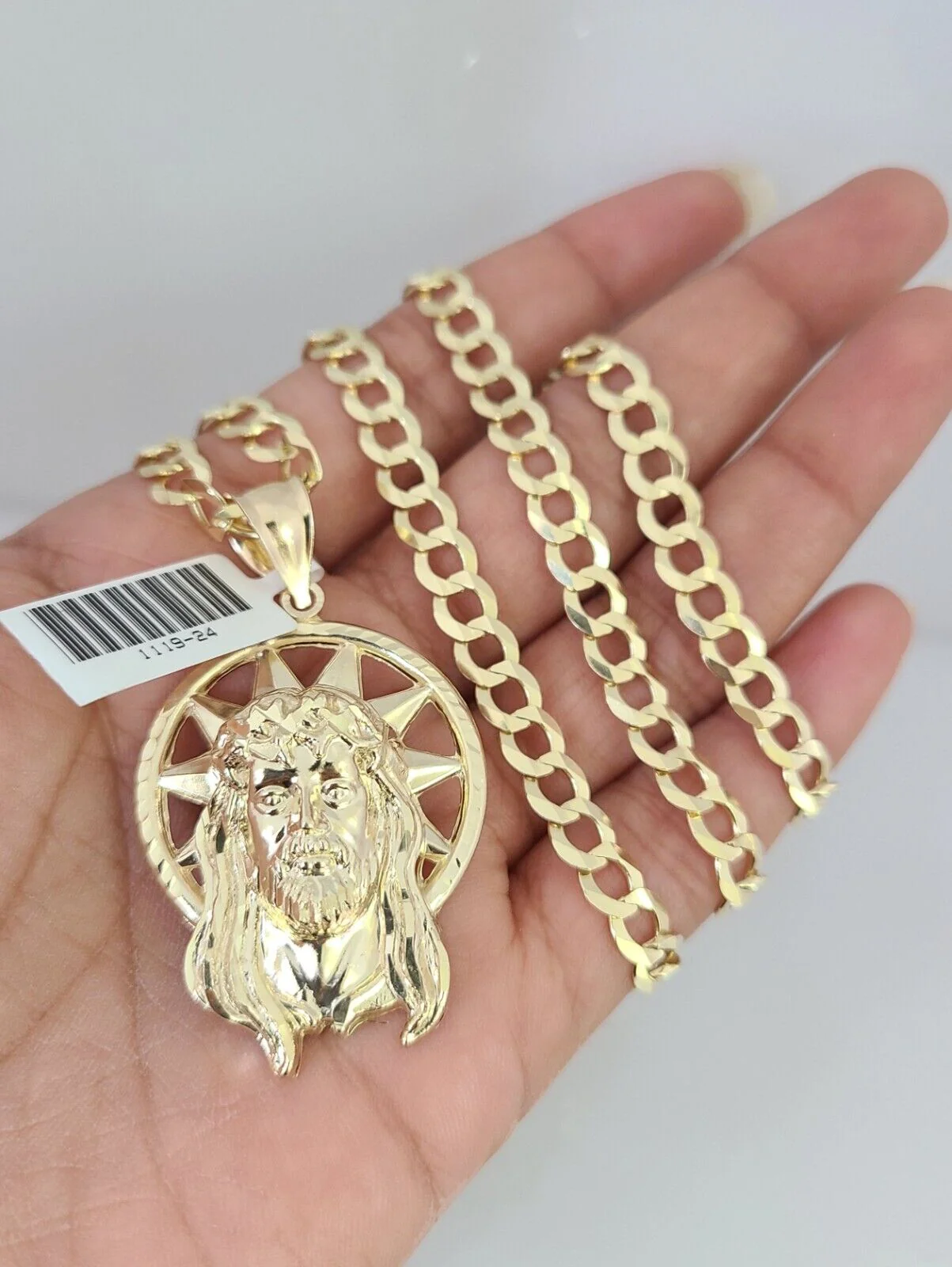 10k Gold Solid Cuban Curb Chain Necklace Jesus Head Pendant Set 6mm 20"-30"
