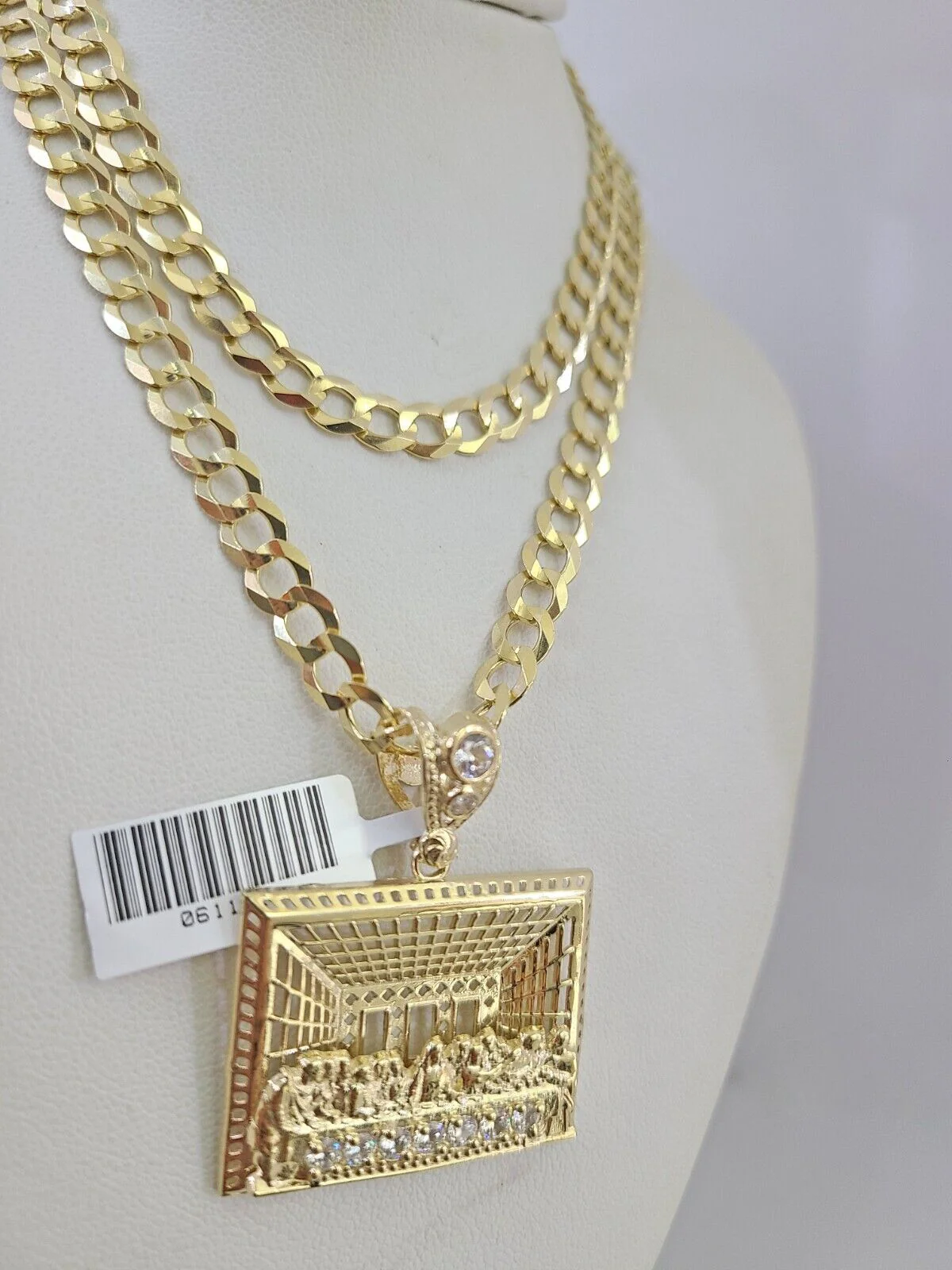 10k Gold Solid Cuban Curb Chain Necklace Last Supper Pendant Set 6mm 20"-30"