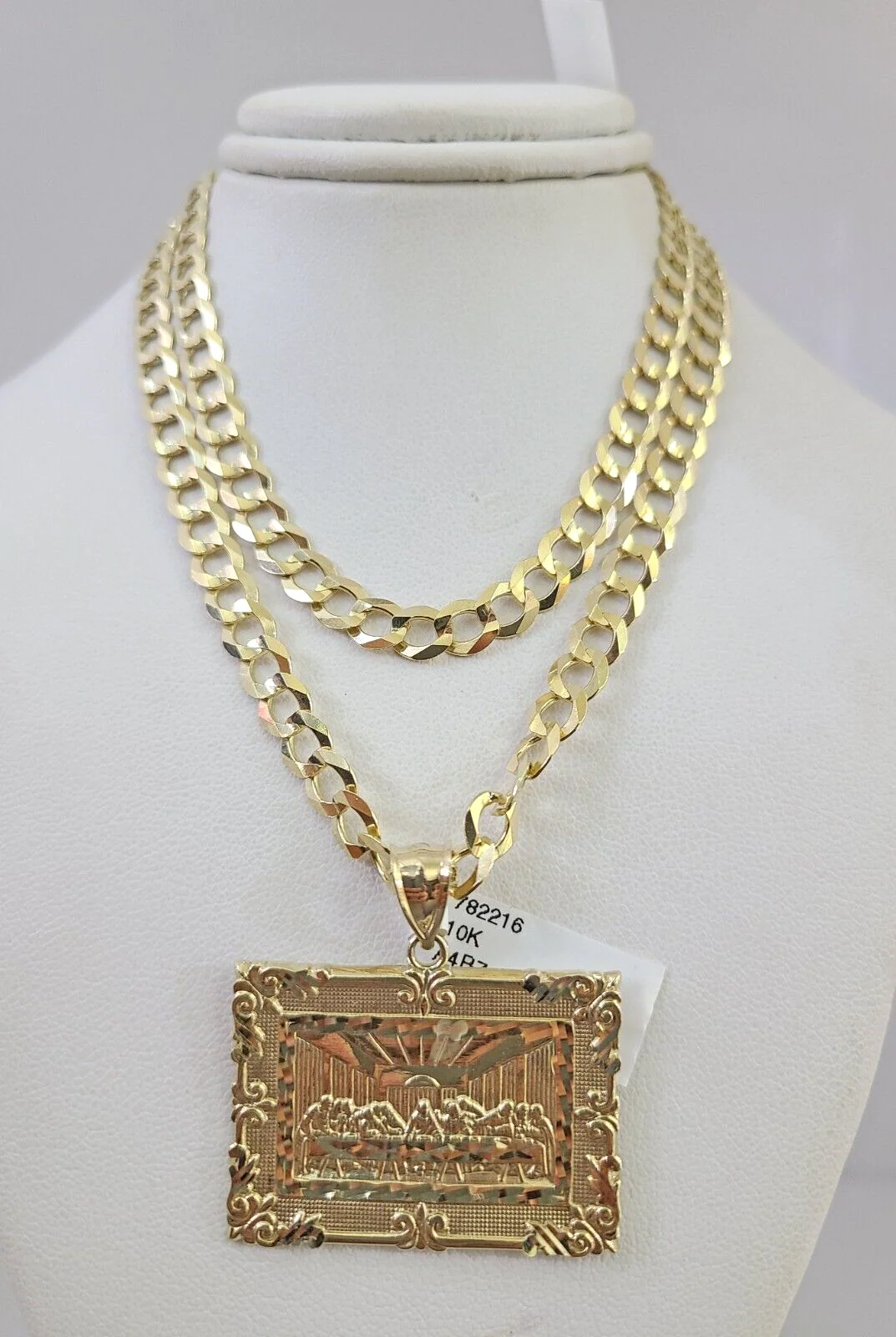 10k Gold Solid Cuban Curb Chain Necklace Last Supper Pendant Set 6mm 20"-30"