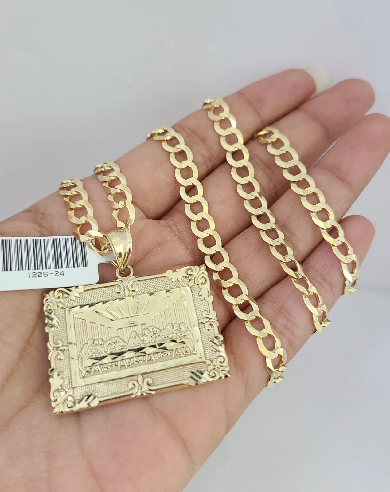 10k Gold Solid Cuban Curb Chain Necklace Last Supper Pendant Set 6mm 20"-30" - Image 2