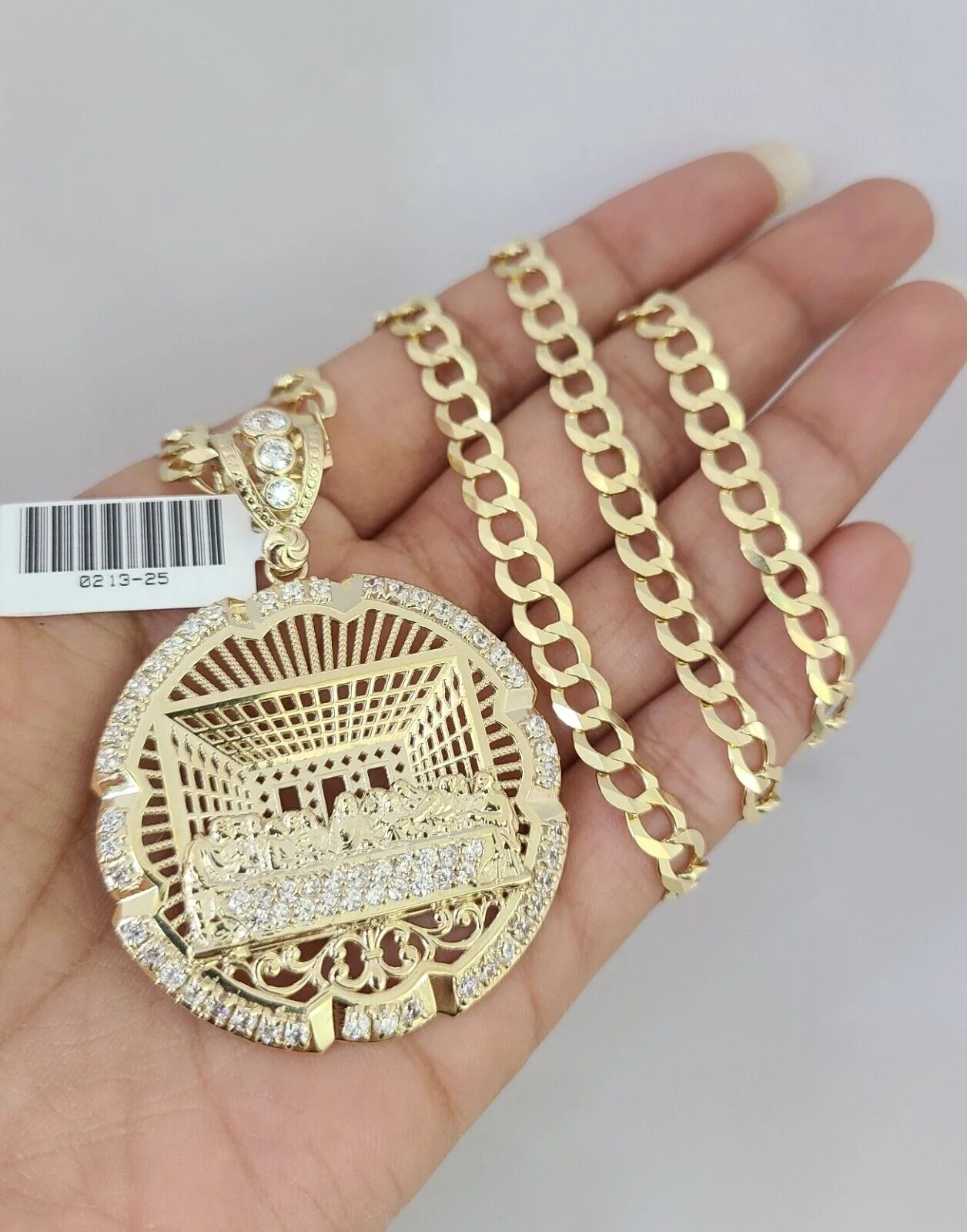 10k Gold Solid Cuban Curb Chain Necklace Last Supper Pendant Set 6mm 20"-30"