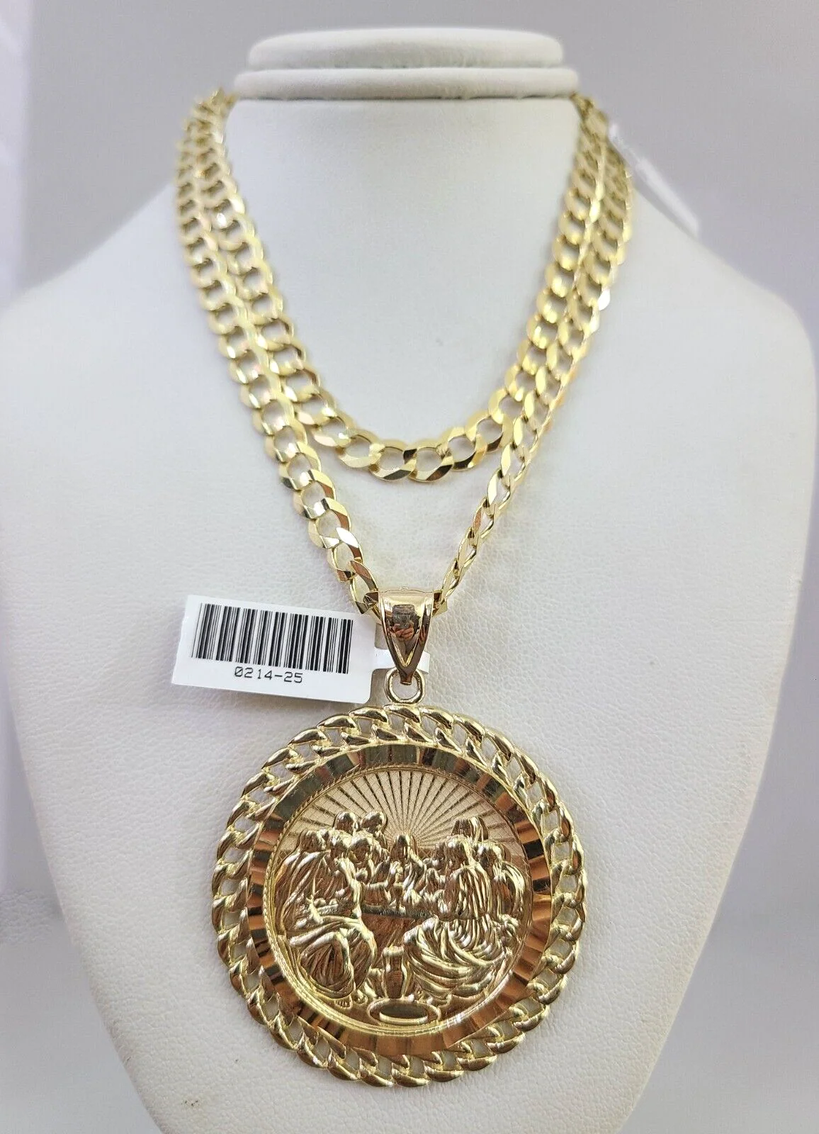 10k Gold Solid Cuban Curb Chain Necklace Last Supper Pendant Set 6mm 20"-30"