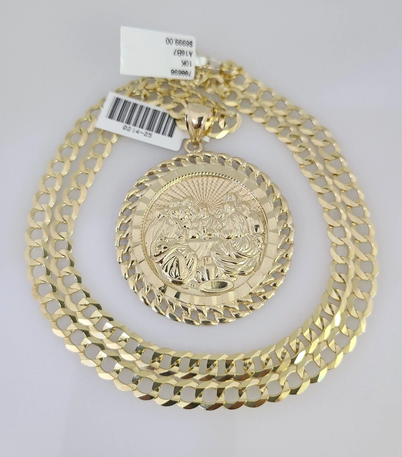 10k Gold Solid Cuban Curb Chain Necklace Last Supper Pendant Set 6mm 20"-30" - Image 3
