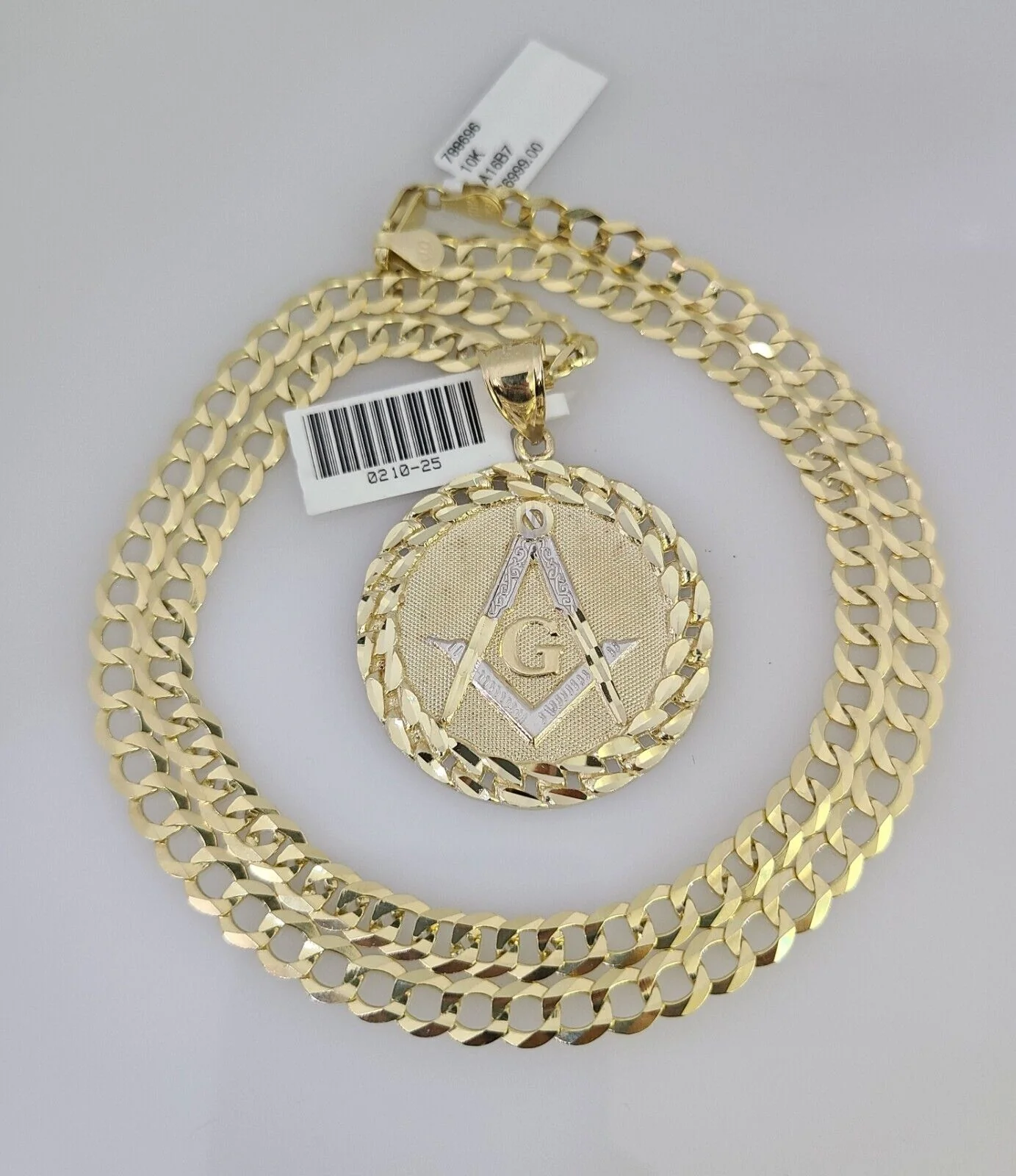 10k Gold Solid Cuban Curb Chain Necklace Masonic Pendant Set 6mm 20"-30" Charm - Image 2