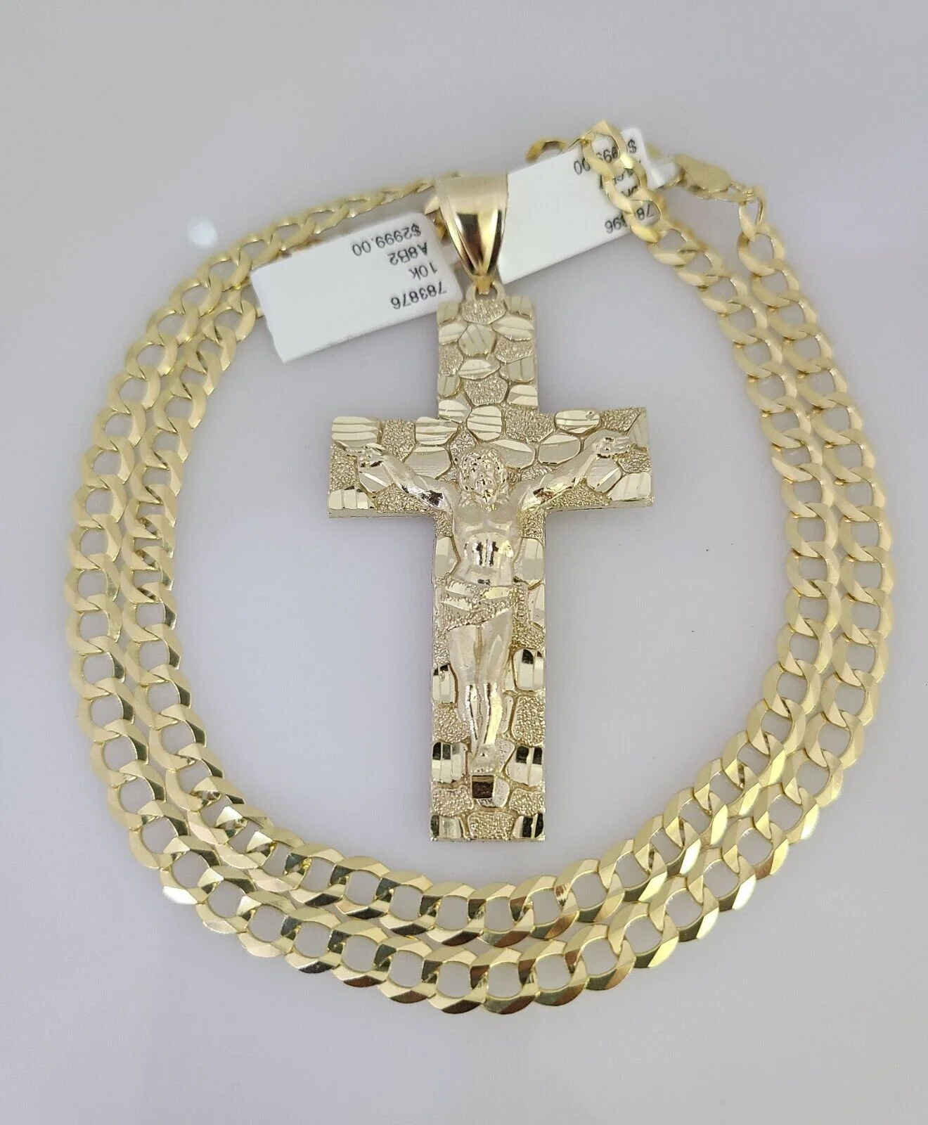 10k Gold Solid Cuban Curb Chain Necklace Nugget Cross Pendant Set 6mm 20"-30" - Image 2
