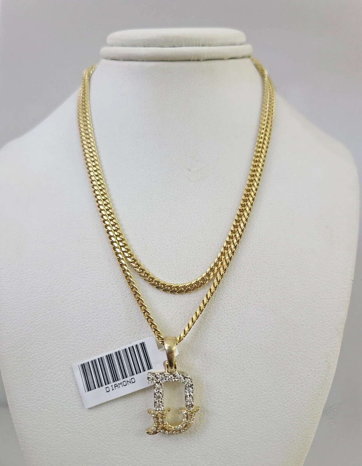 10k Gold Solid Miami Cuban Chain Diamond D Initial Pendant 2.5mm 18"-24" Set
