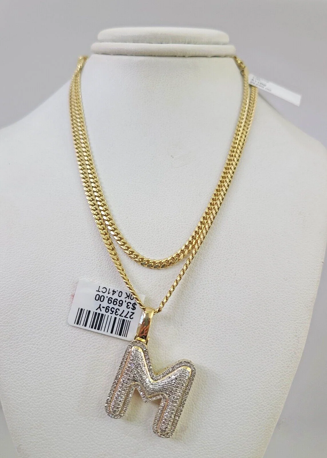 10k Gold Solid Miami Cuban Chain Diamond M Initial Pendant 2.5mm 18"-24" Set