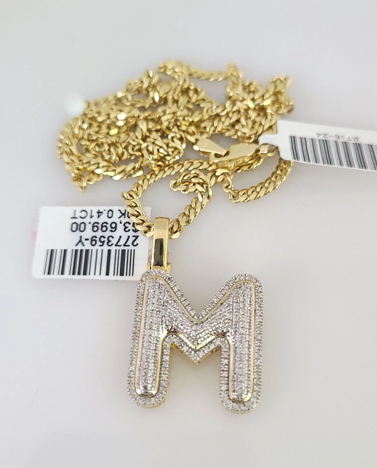 10k Gold Solid Miami Cuban Chain Diamond M Initial Pendant 2.5mm 18"-24" Set - Image 3