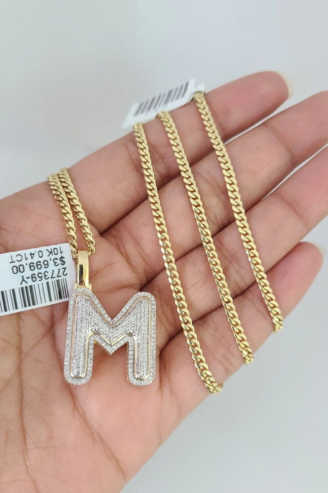 10k Gold Solid Miami Cuban Chain Diamond M Initial Pendant 2.5mm 18"-24" Set - Image 4