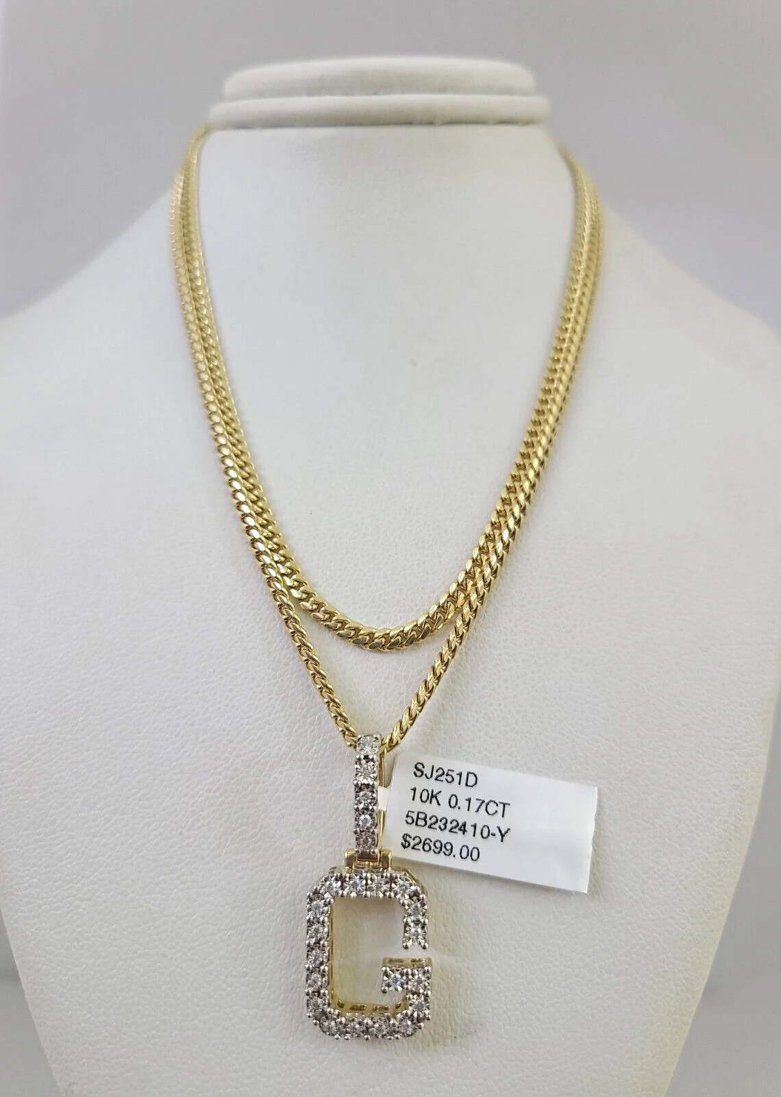 10k Gold Solid Miami Cuban Chain G Initial Diamond Pendant 2.5mm 18"-24" Set