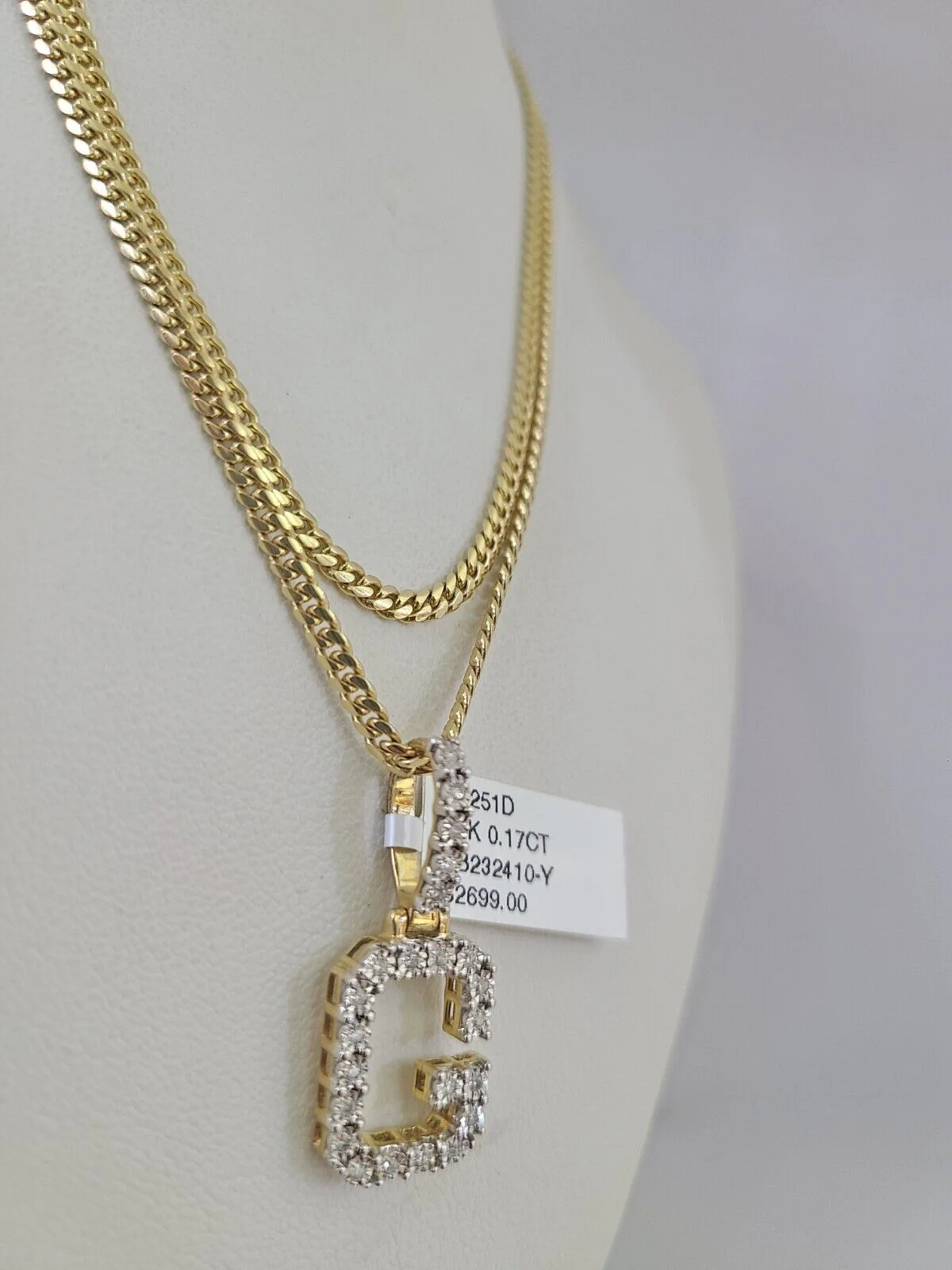 10k Gold Solid Miami Cuban Chain G Initial Diamond Pendant 2.5mm 18"-24" Set - Image 3