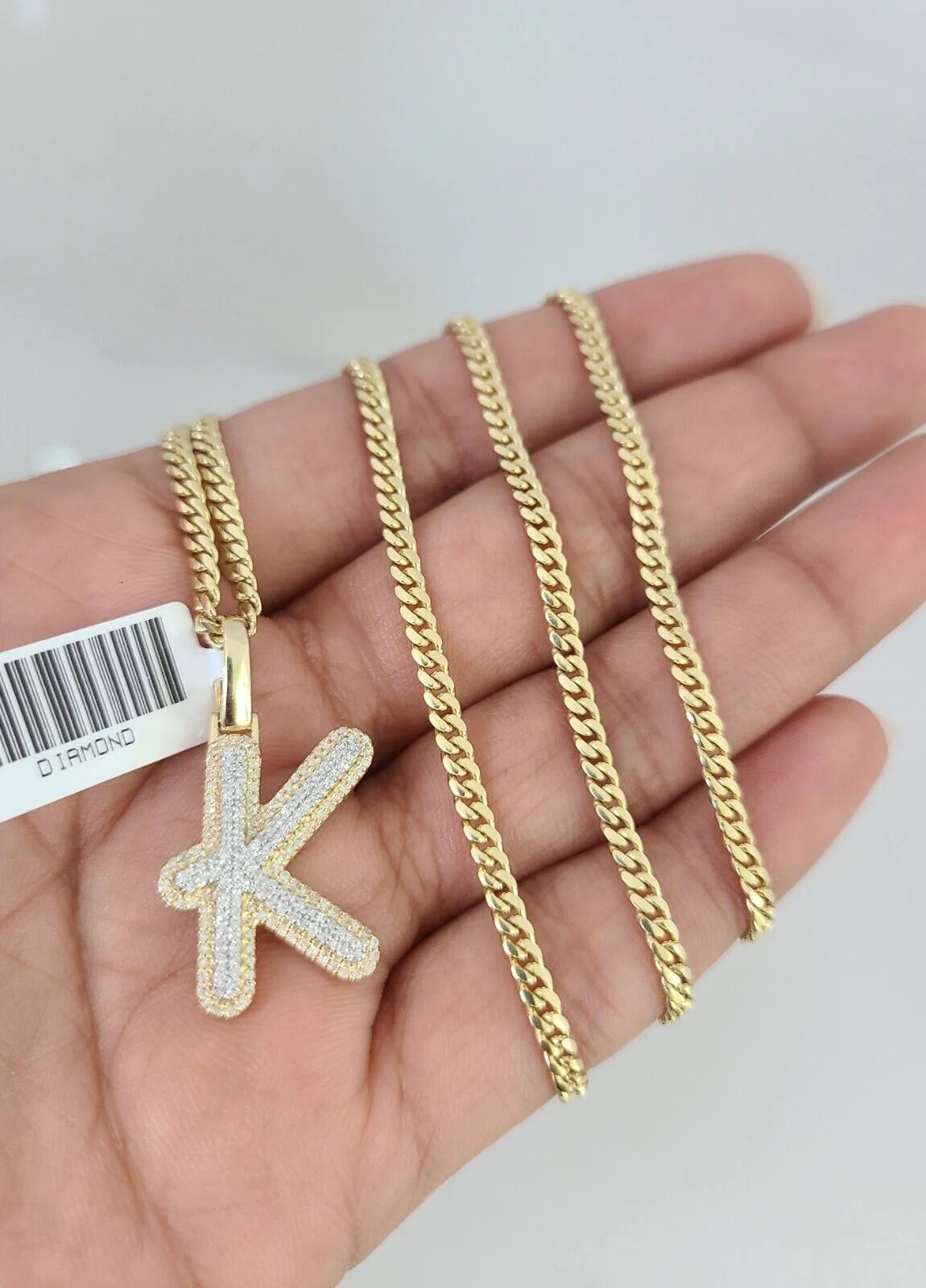 10k Gold Solid Miami Cuban Chain K Initial Diamond Pendant 2.5mm 18"-24" Set