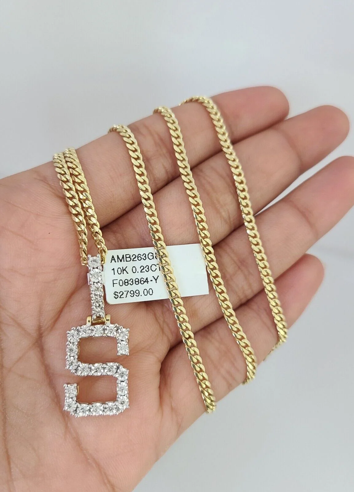 10k Gold Solid Miami Cuban Chain S Initial Diamond Pendant 2.5mm 18"-24" Set