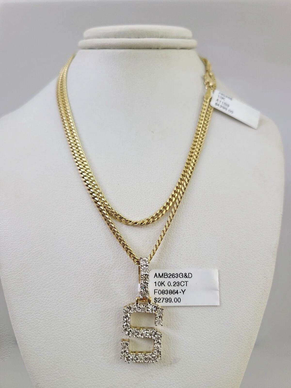 10k Gold Solid Miami Cuban Chain S Initial Diamond Pendant 2.5mm 18"-24" Set - Image 3