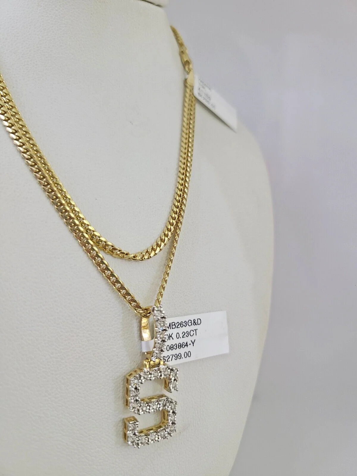 10k Gold Solid Miami Cuban Chain S Initial Diamond Pendant 2.5mm 18"-24" Set - Image 5