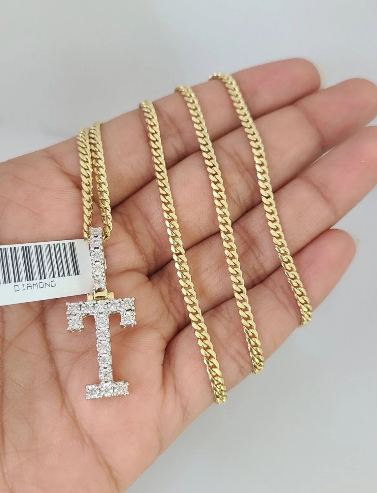 10k Gold Solid Miami Cuban Chain T Initial Diamond Pendant 2.5mm 18"-24" Set
