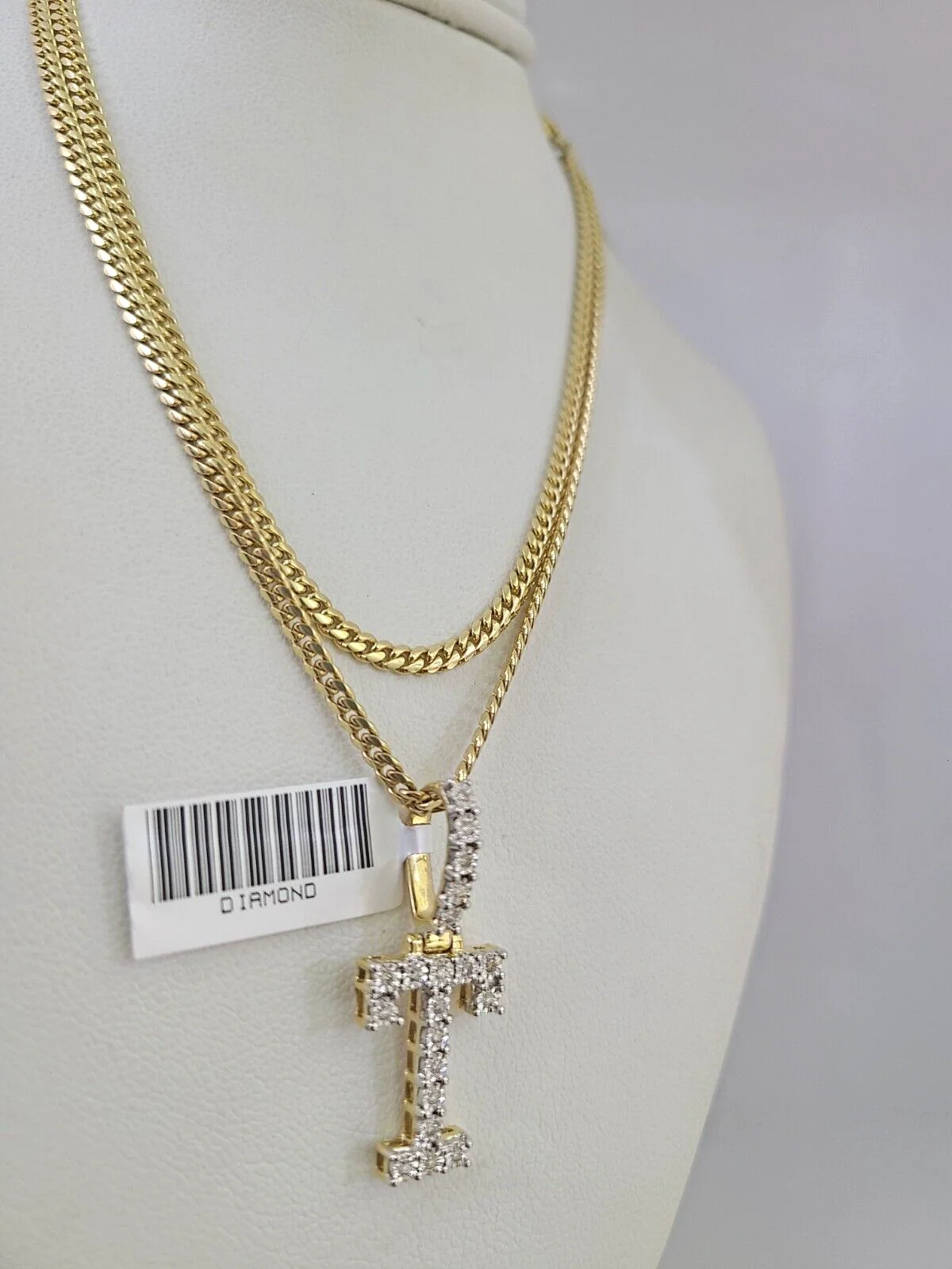 10k Gold Solid Miami Cuban Chain T Initial Diamond Pendant 2.5mm 18"-24" Set - Image 2