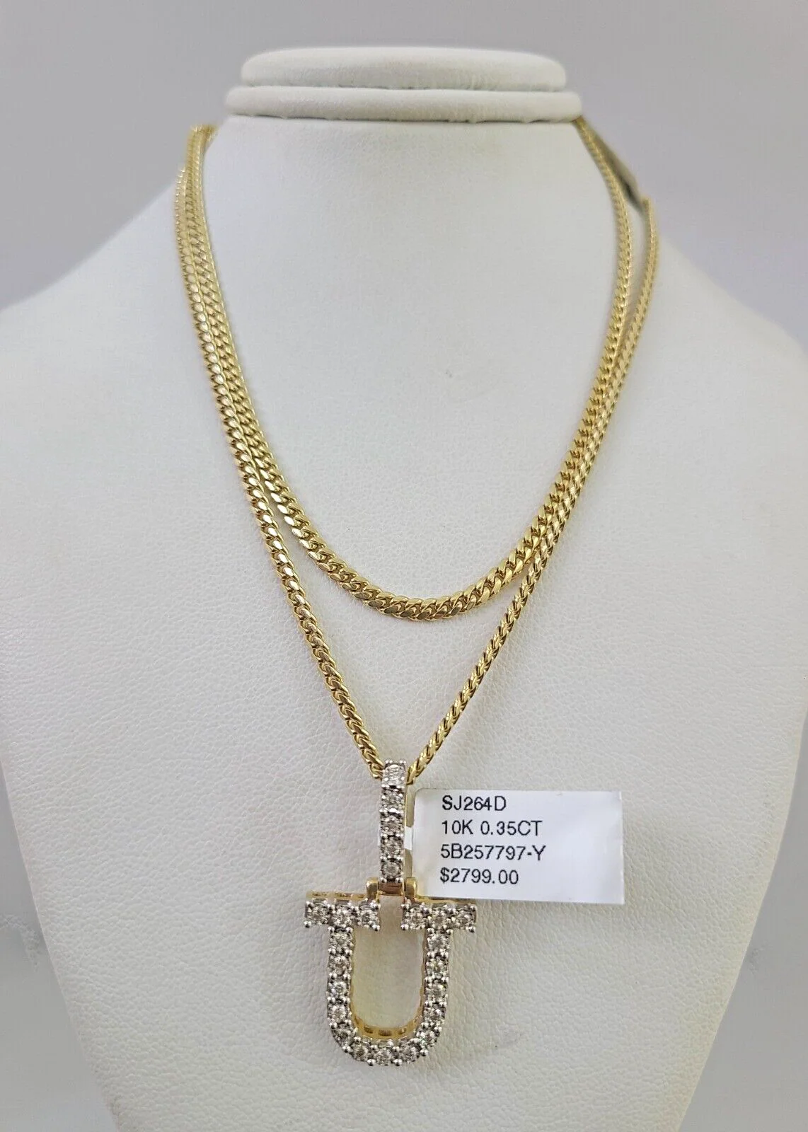 10k Gold Solid Miami Cuban Chain U Initial Diamond Pendant 2.5mm 18"-24" Set