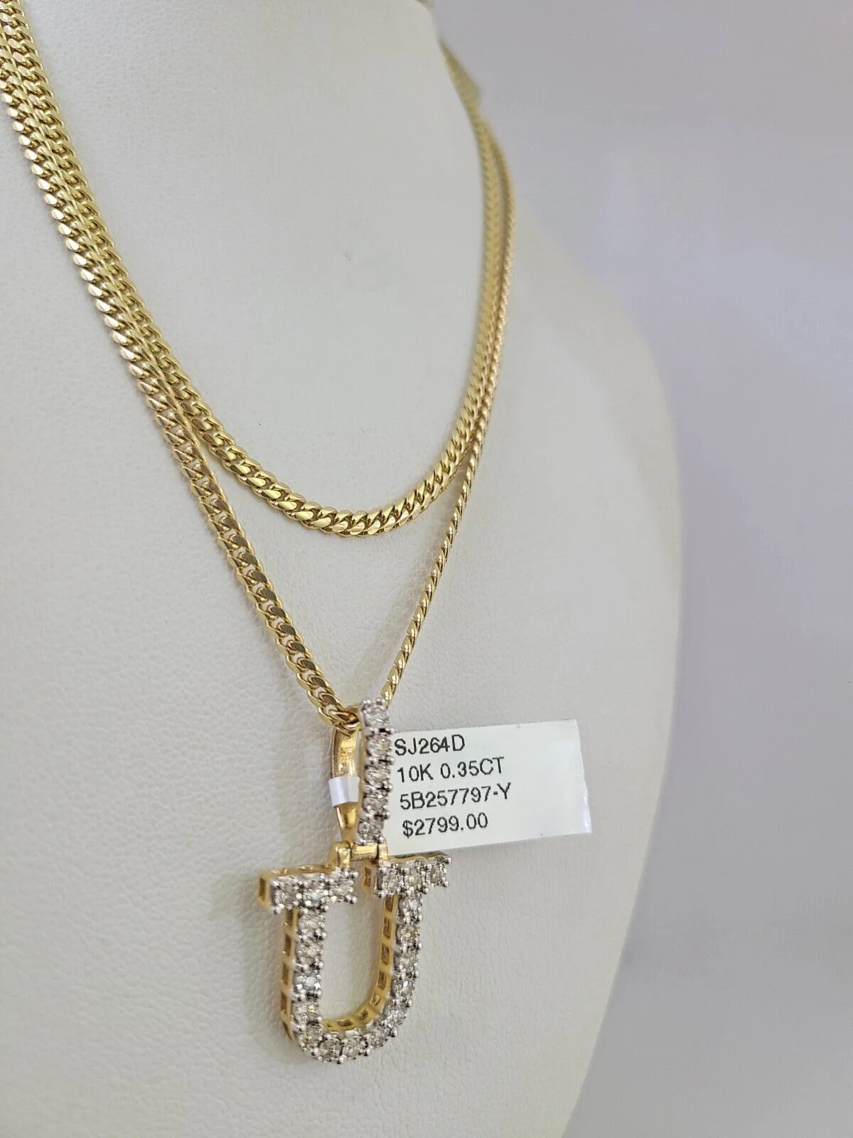 10k Gold Solid Miami Cuban Chain U Initial Diamond Pendant 2.5mm 18"-24" Set - Image 4