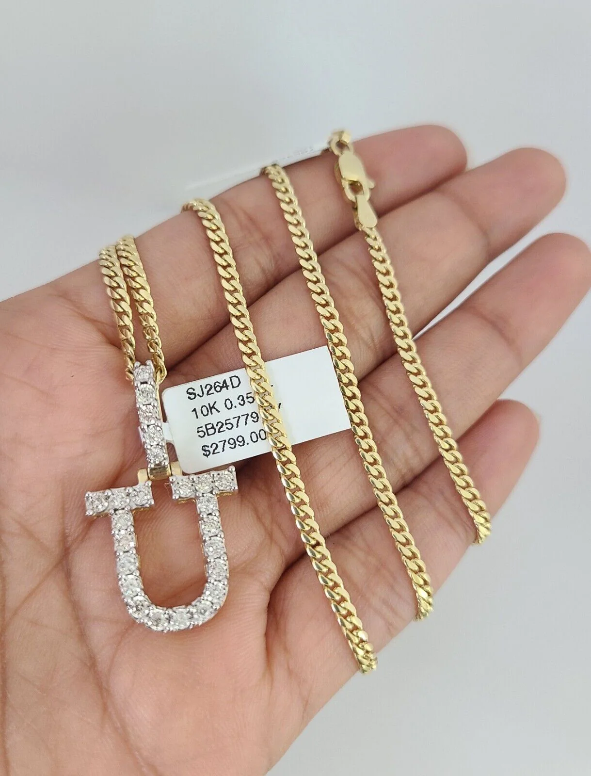 10k Gold Solid Miami Cuban Chain U Initial Diamond Pendant 2.5mm 18"-24" Set - Image 5