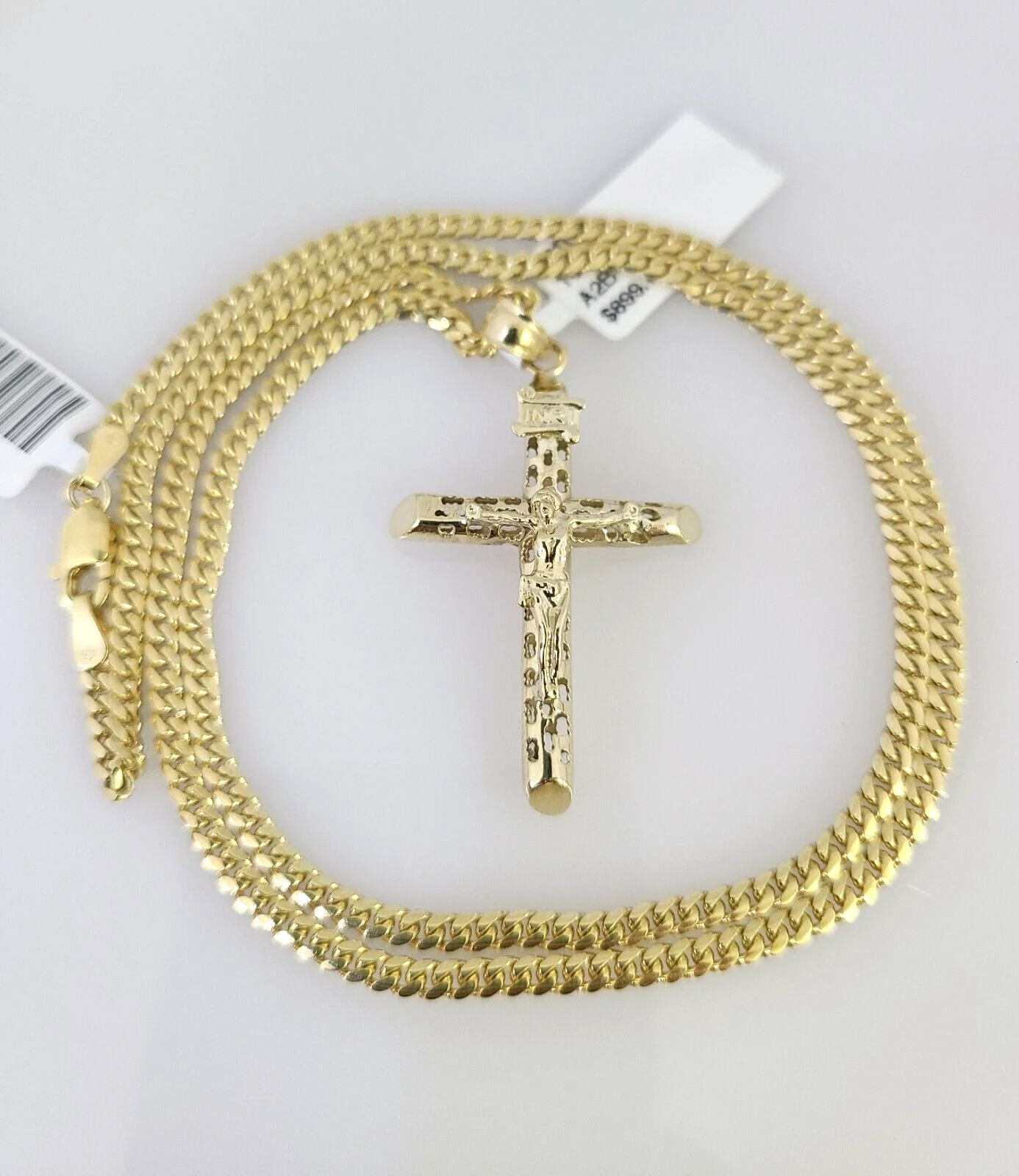10k Gold Solid Miami Cuban Necklace INRI Cross Pendant 2.5mm 18-24" Chain Set - Image 2