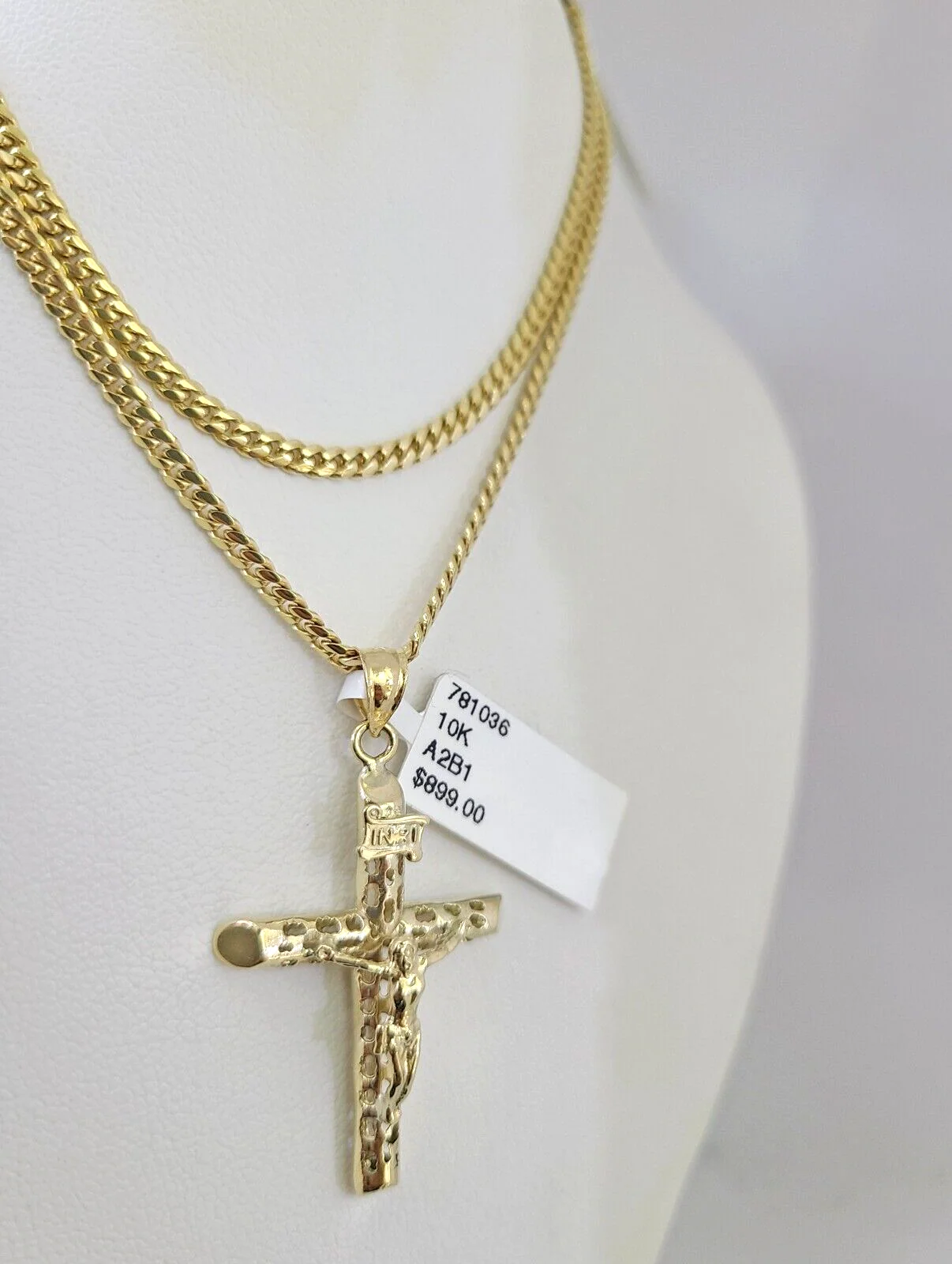 10k Gold Solid Miami Cuban Necklace INRI Cross Pendant 2.5mm 18-24" Chain Set - Image 4