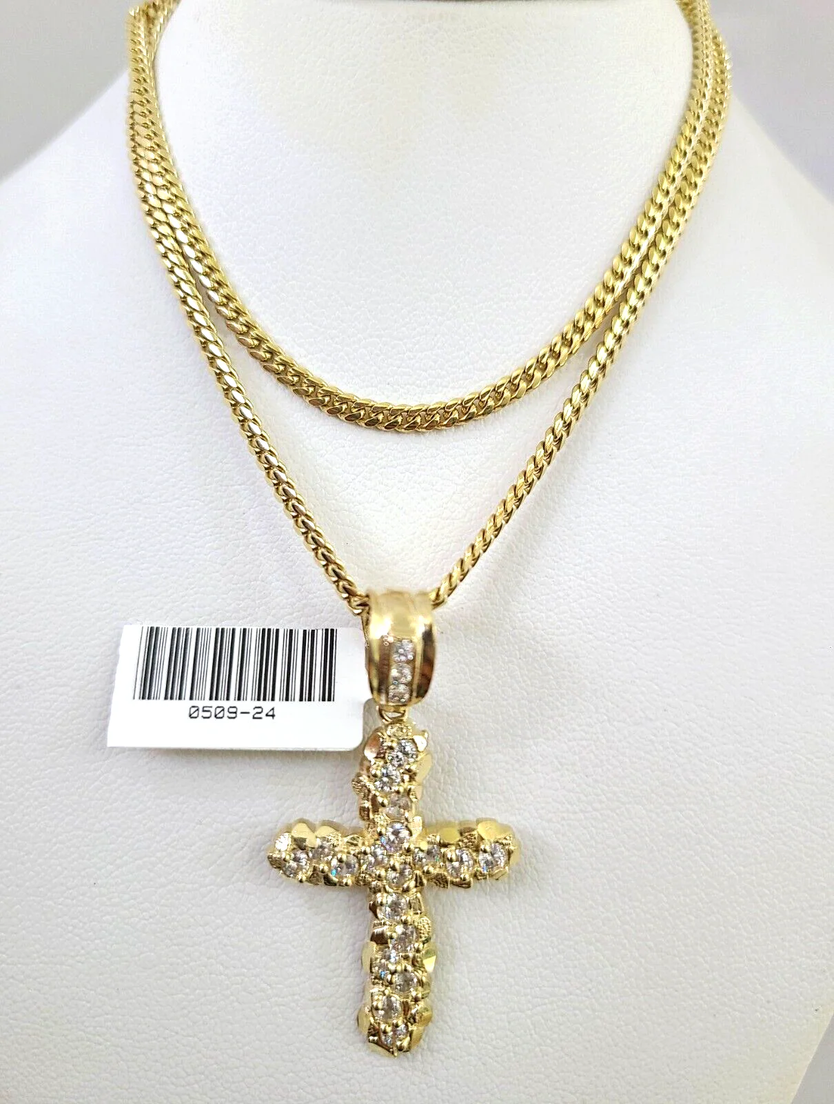 10k Gold Solid Miami Cuban Necklace Jesus Cross Pendant 2.5mm 18-24" Chain Set - Image 3