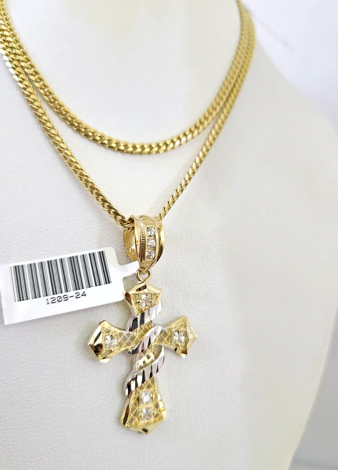10k Gold Solid Miami Cuban Necklace Spiral Cross Pendant 2.5mm 18-24" Chain Set - Image 3