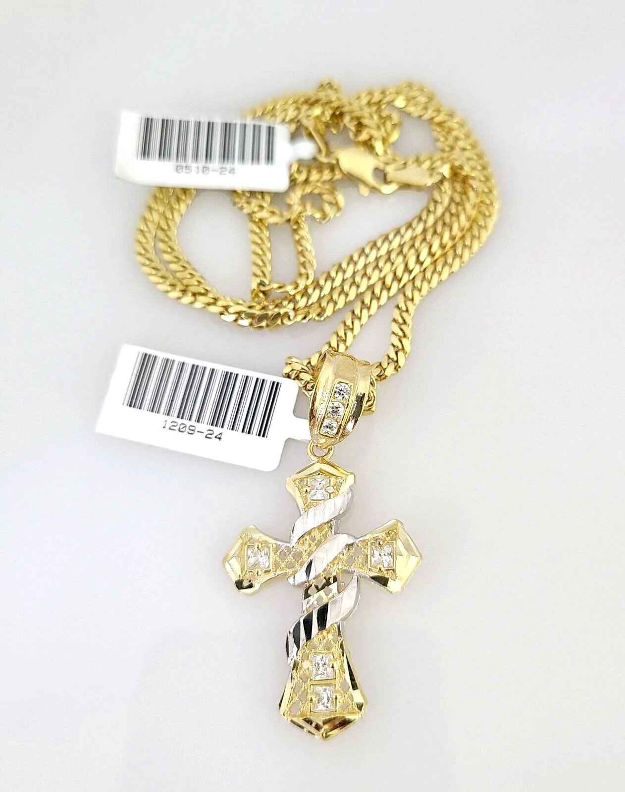 10k Gold Solid Miami Cuban Necklace Spiral Cross Pendant 2.5mm 18-24" Chain Set - Image 4
