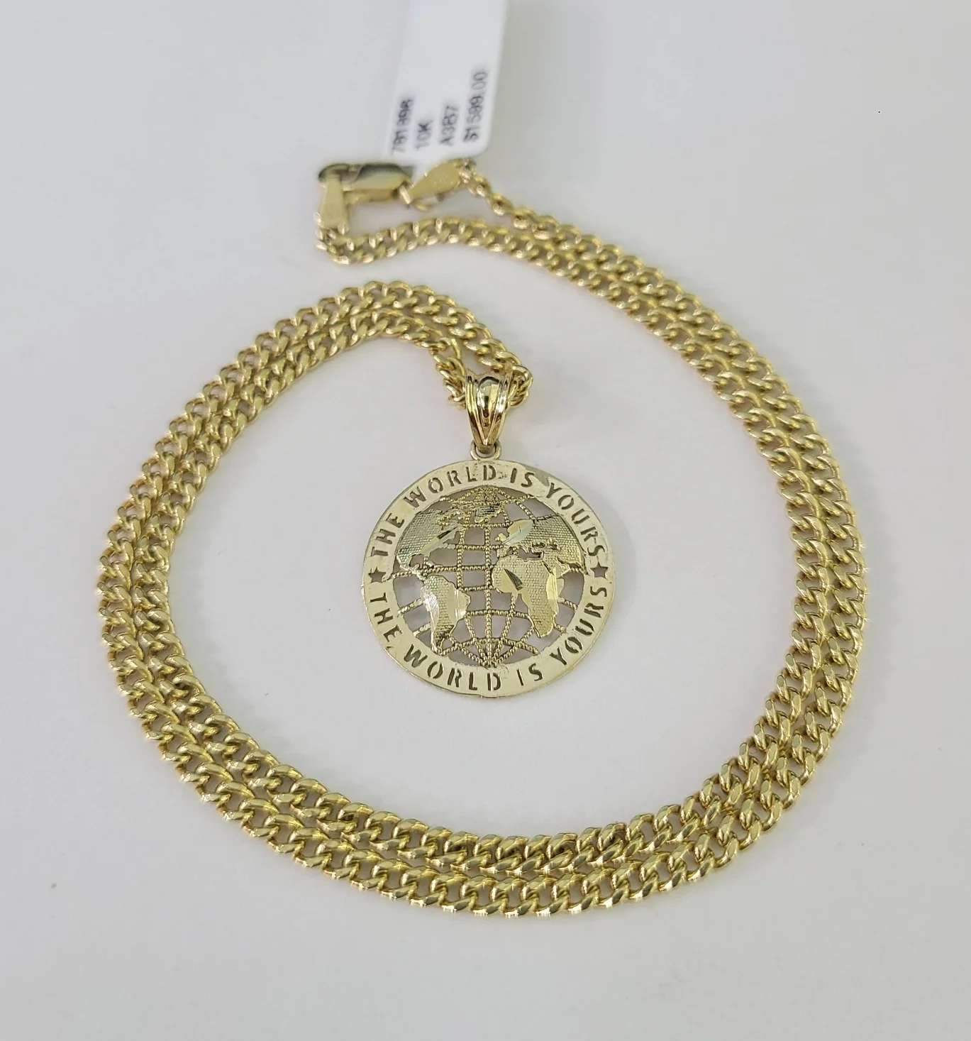 10k Gold World is Yours Charm Miami Cuban Chain 3mm 18"-28" Necklace Pendant Set - Image 2