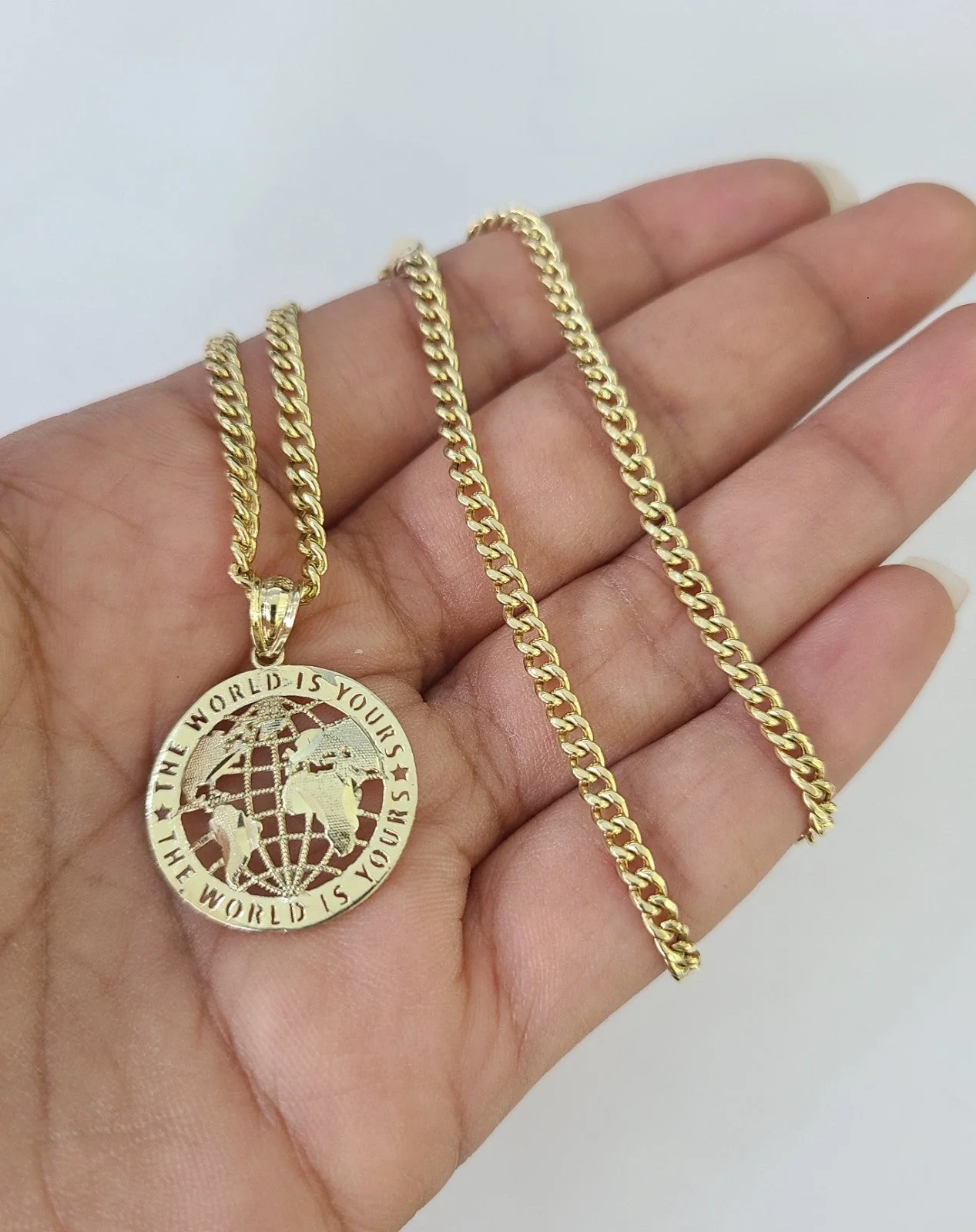 10k Gold World is Yours Charm Miami Cuban Chain 3mm 18"-28" Necklace Pendant Set - Image 6