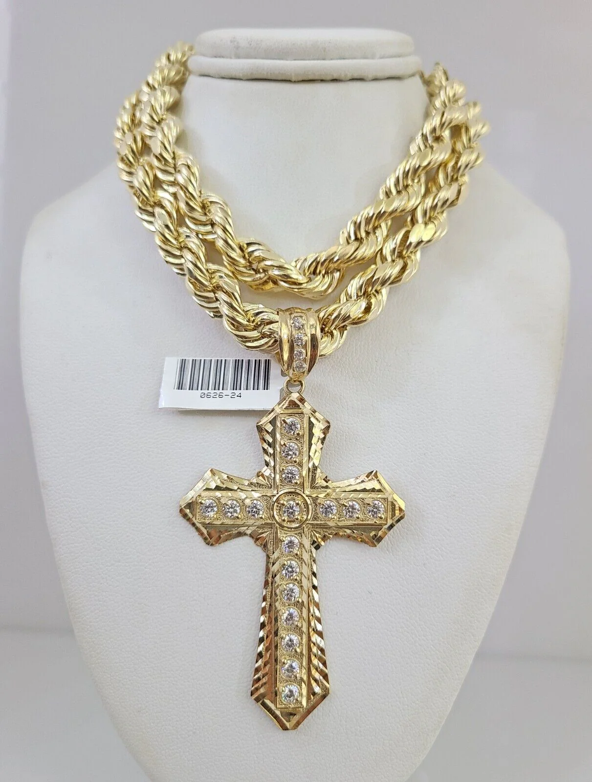 10k Hollow Rope Chain Jesus Cross Charm Necklace Set 9mm 20"-30" Gold